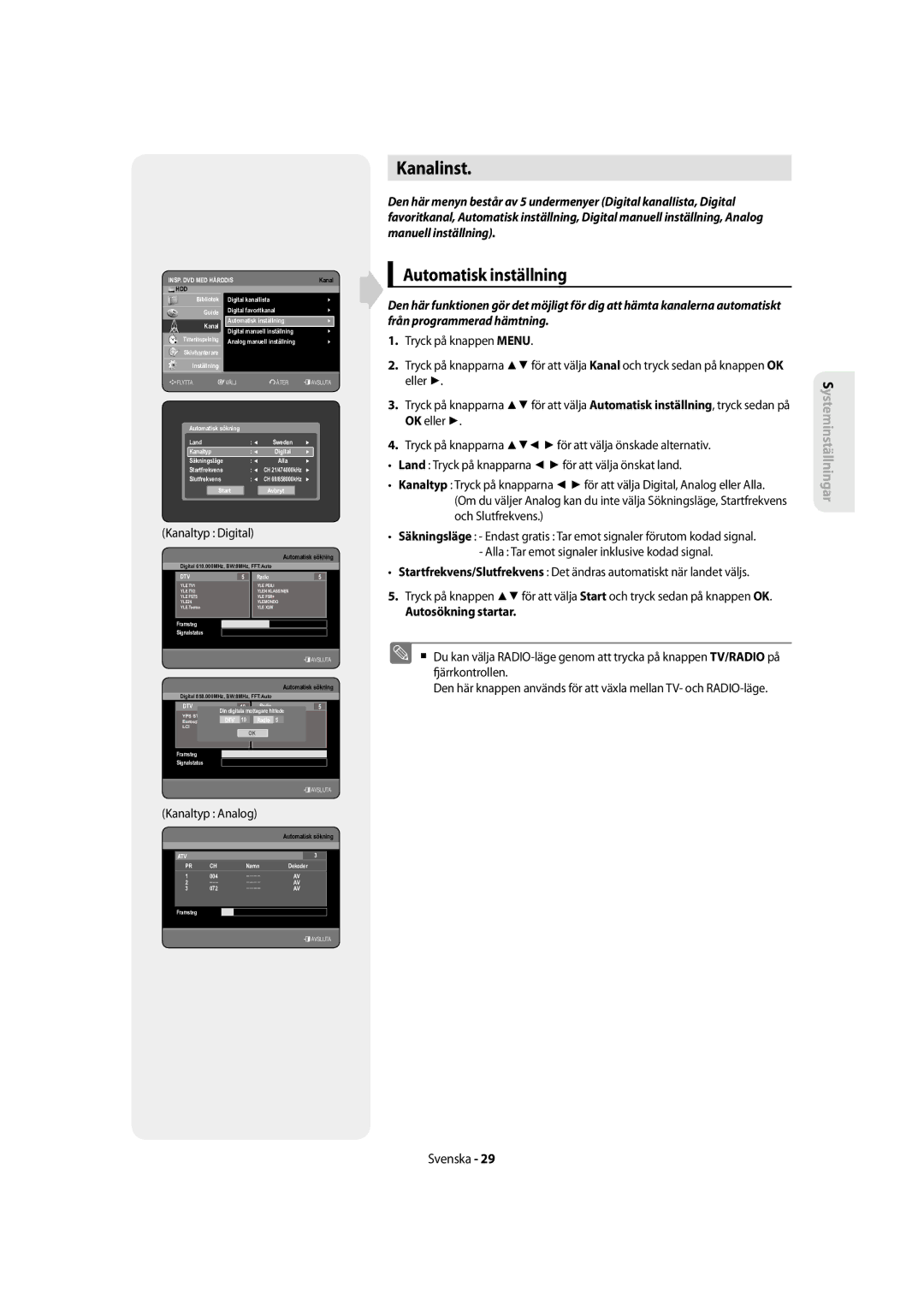 Samsung DVD-SH855/XEE manual Kanalinst, Automatisk inställning, Autosökning startar 