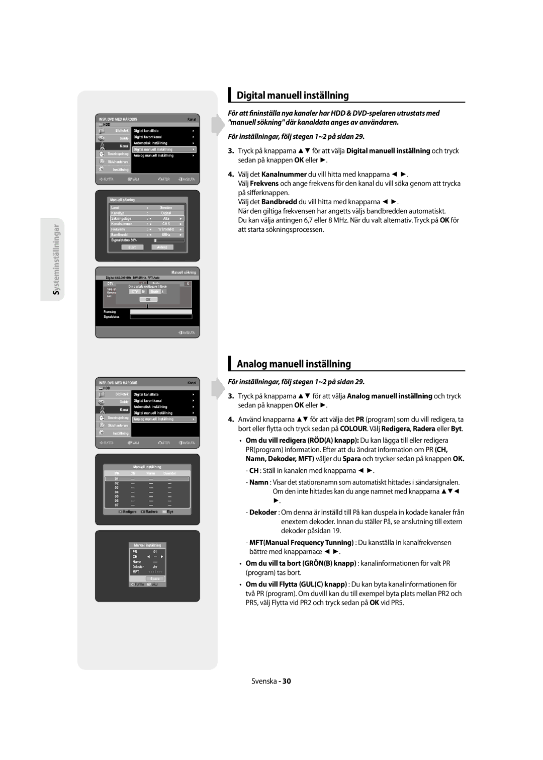 Samsung DVD-SH855/XEE Digital manuell inställning, Analog manuell inställning, För inställningar, följ stegen 1~2 på sidan 