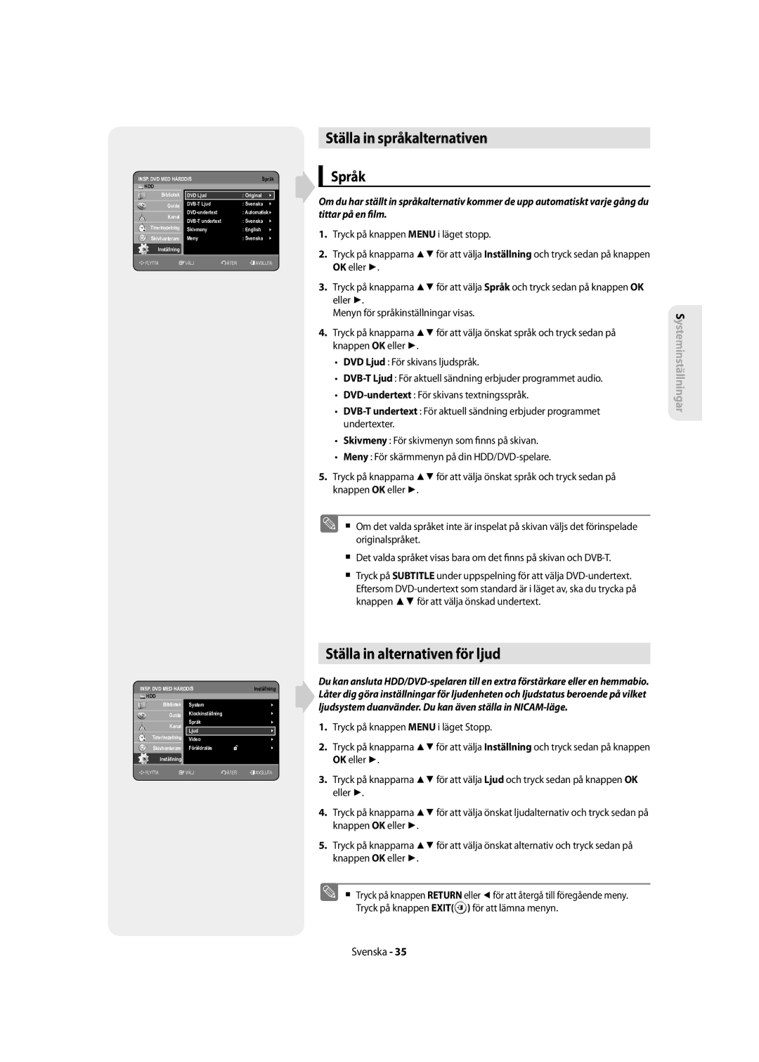 Samsung DVD-SH855/XEE manual Ställa in språkalternativen, Ställa in alternativen för ljud, Språk 