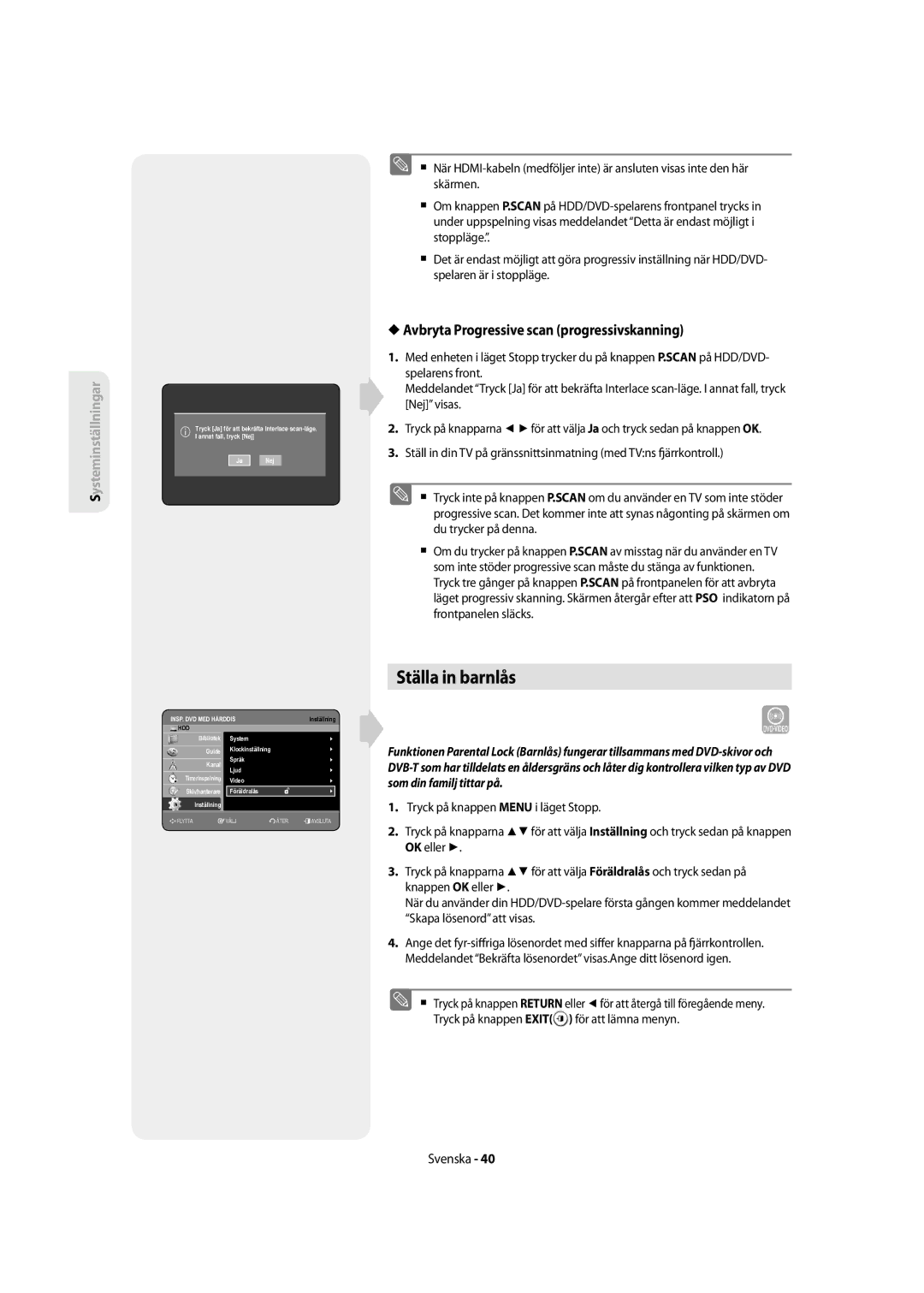 Samsung DVD-SH855/XEE manual Ställa in barnlås, Avbryta Progressive scan progressivskanning 