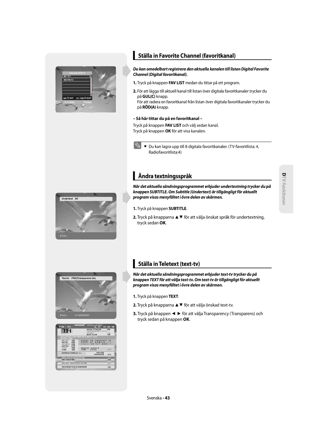 Samsung DVD-SH855/XEE manual Ställa in Favorite Channel favoritkanal, Ändra textningsspråk, Ställa in Teletext text-tv 
