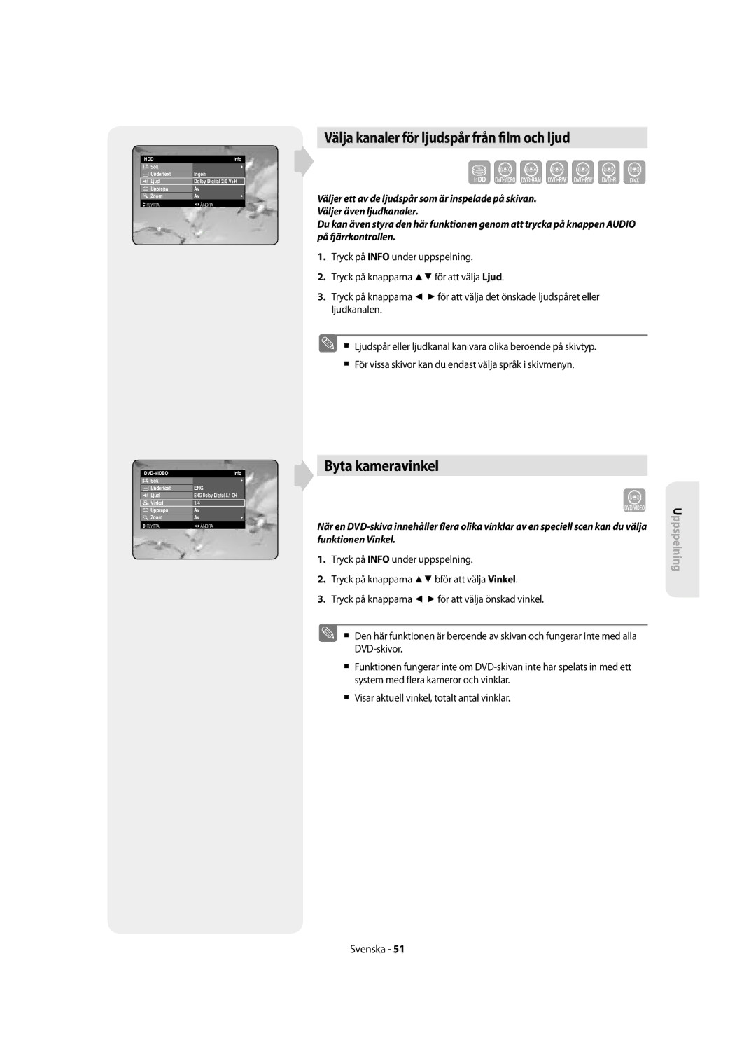 Samsung DVD-SH855/XEE manual Szxckld, Välja kanaler för ljudspår från lm och ljud, Byta kameravinkel 