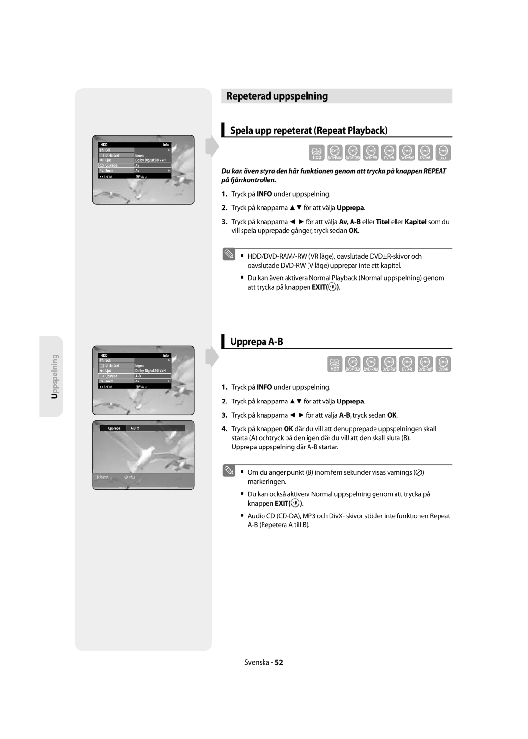 Samsung DVD-SH855/XEE manual Sxzcvkld, Szxcvkl, Repeterad uppspelning, Spela upp repeterat Repeat Playback, Upprepa A-B 