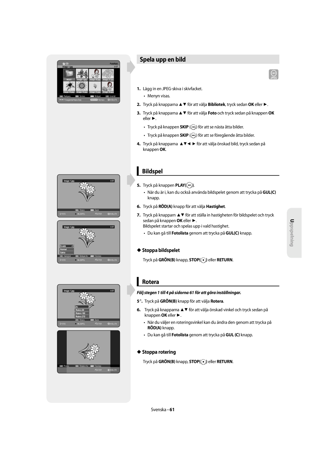 Samsung DVD-SH855/XEE manual Spela upp en bild, Bildspel, Rotera, Stoppa bildspelet, Stoppa rotering 