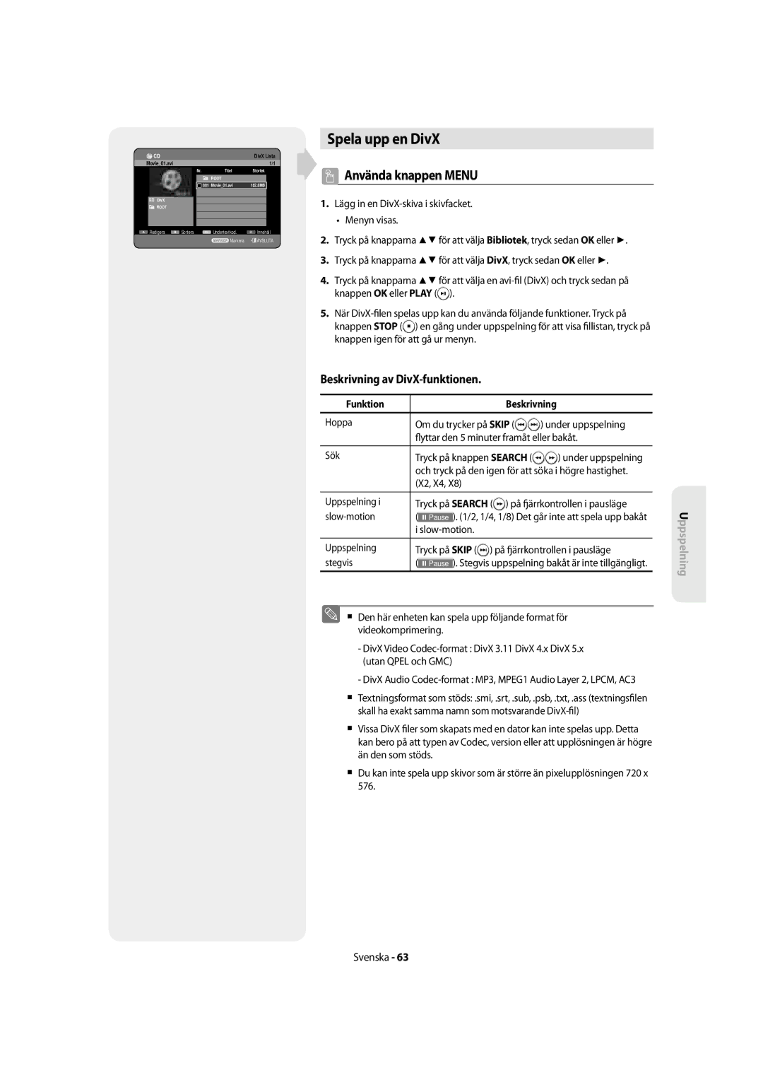 Samsung DVD-SH855/XEE manual Spela upp en DivX, Använda knappen Menu, Beskrivning av DivX-funktionen, Funktion Beskrivning 