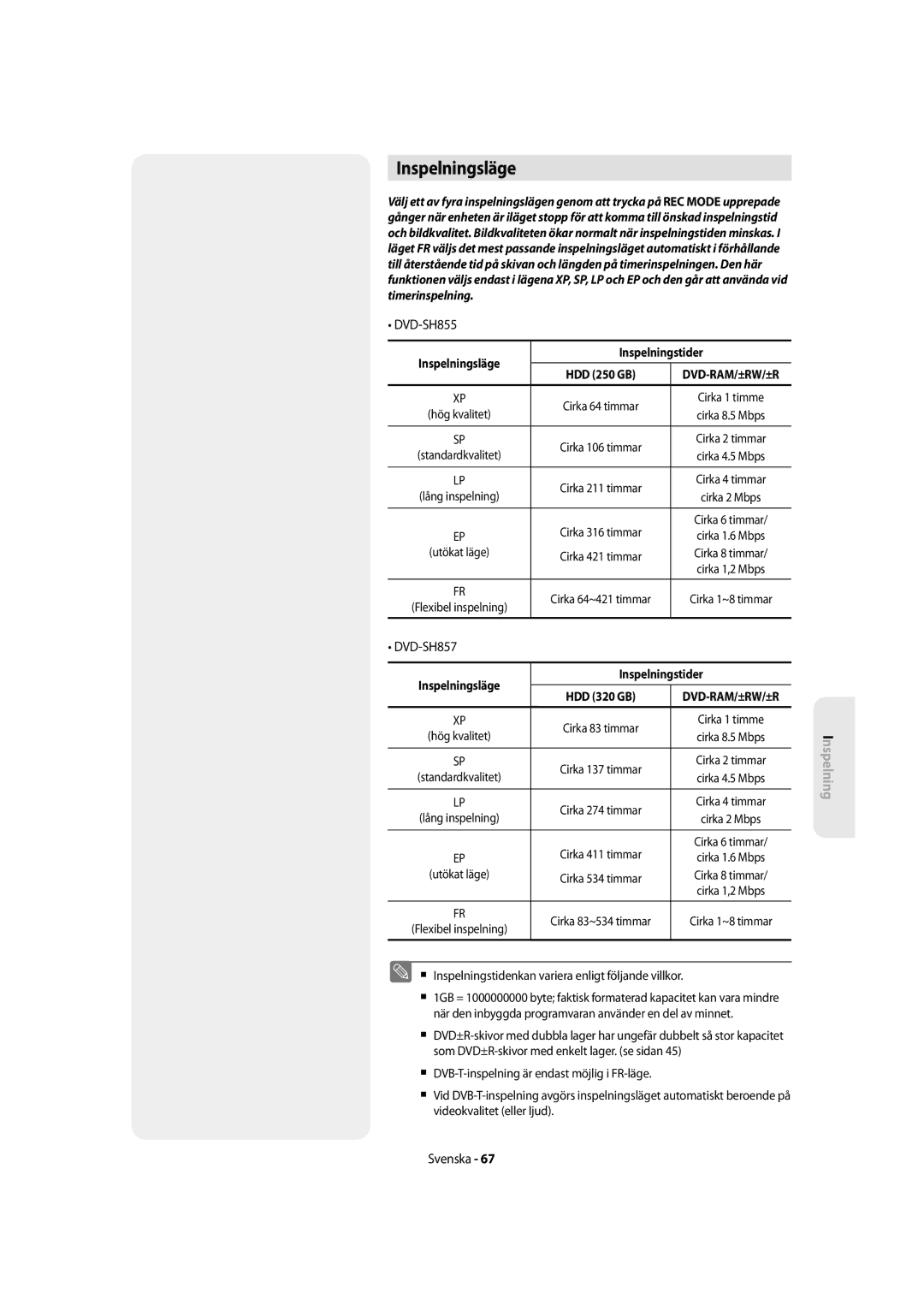 Samsung DVD-SH855/XEE manual Inspelningsläge Inspelningstider,  Inspelningstidenkan variera enligt följande villkor 