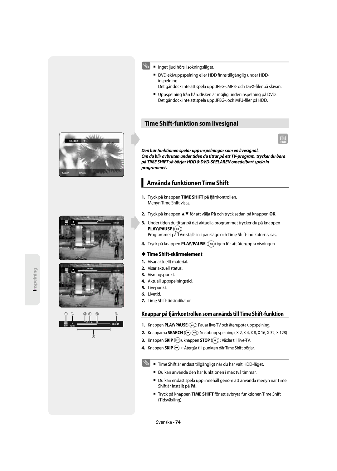 Samsung DVD-SH855/XEE manual Time Shift-funktion som livesignal, Använda funktionen Time Shift, Time Shift-skärmelement 