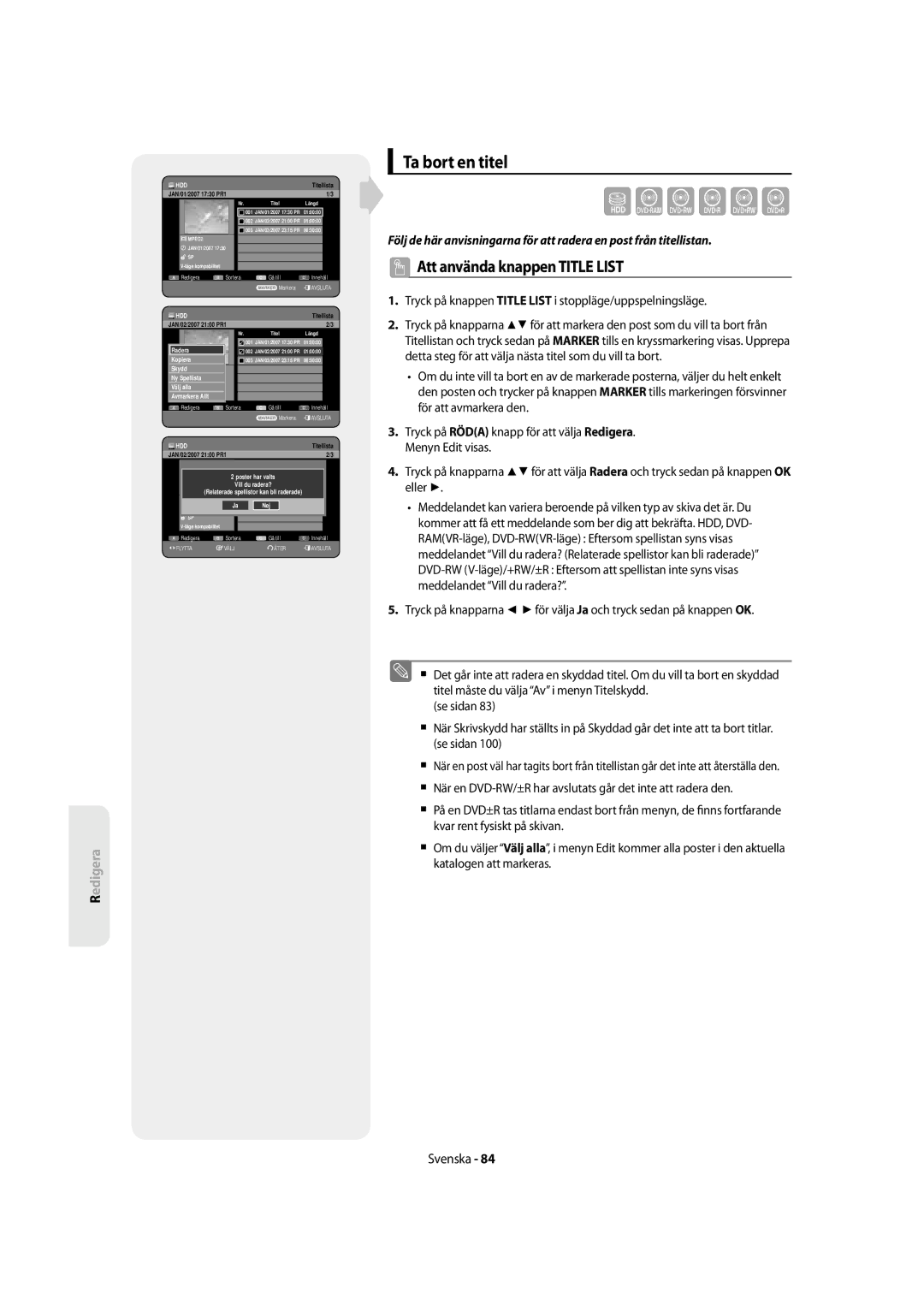 Samsung DVD-SH855/XEE manual Ta bort en titel, Vill du radera? 