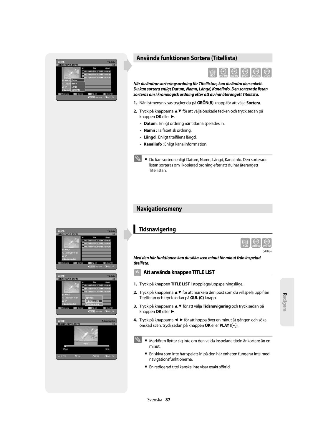 Samsung DVD-SH855/XEE manual Använda funktionen Sortera Titellista, Navigationsmeny, Tidsnavigering 