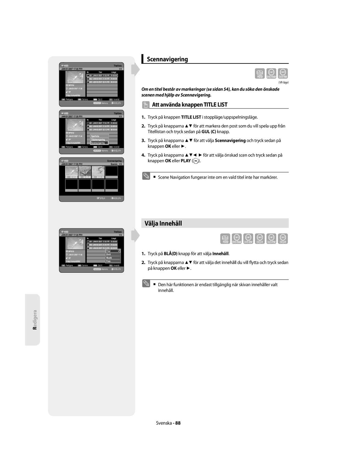 Samsung DVD-SH855/XEE manual Välja Innehåll, Scennavigering 