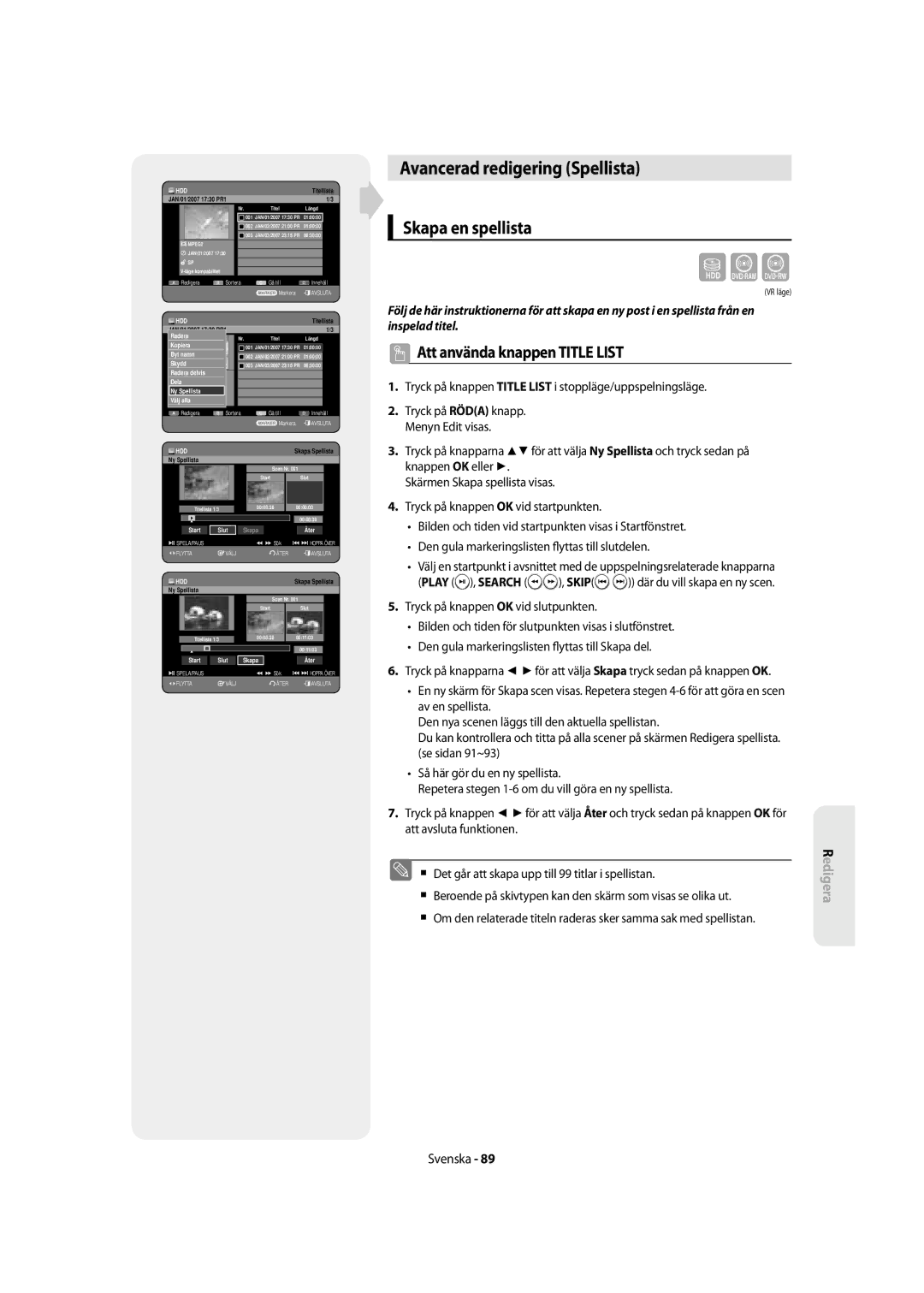 Samsung DVD-SH855/XEE manual Avancerad redigering Spellista, Skapa en spellista 