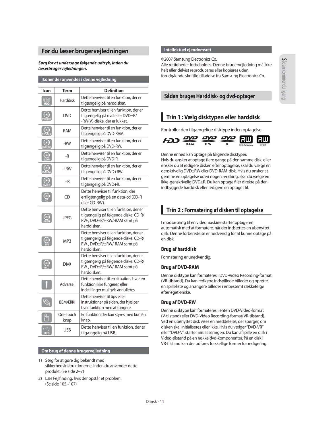 Samsung DVD-SH855/XEE manual Før du læser brugervejledningen, Trin 1 Vælg disktypen eller harddisk 