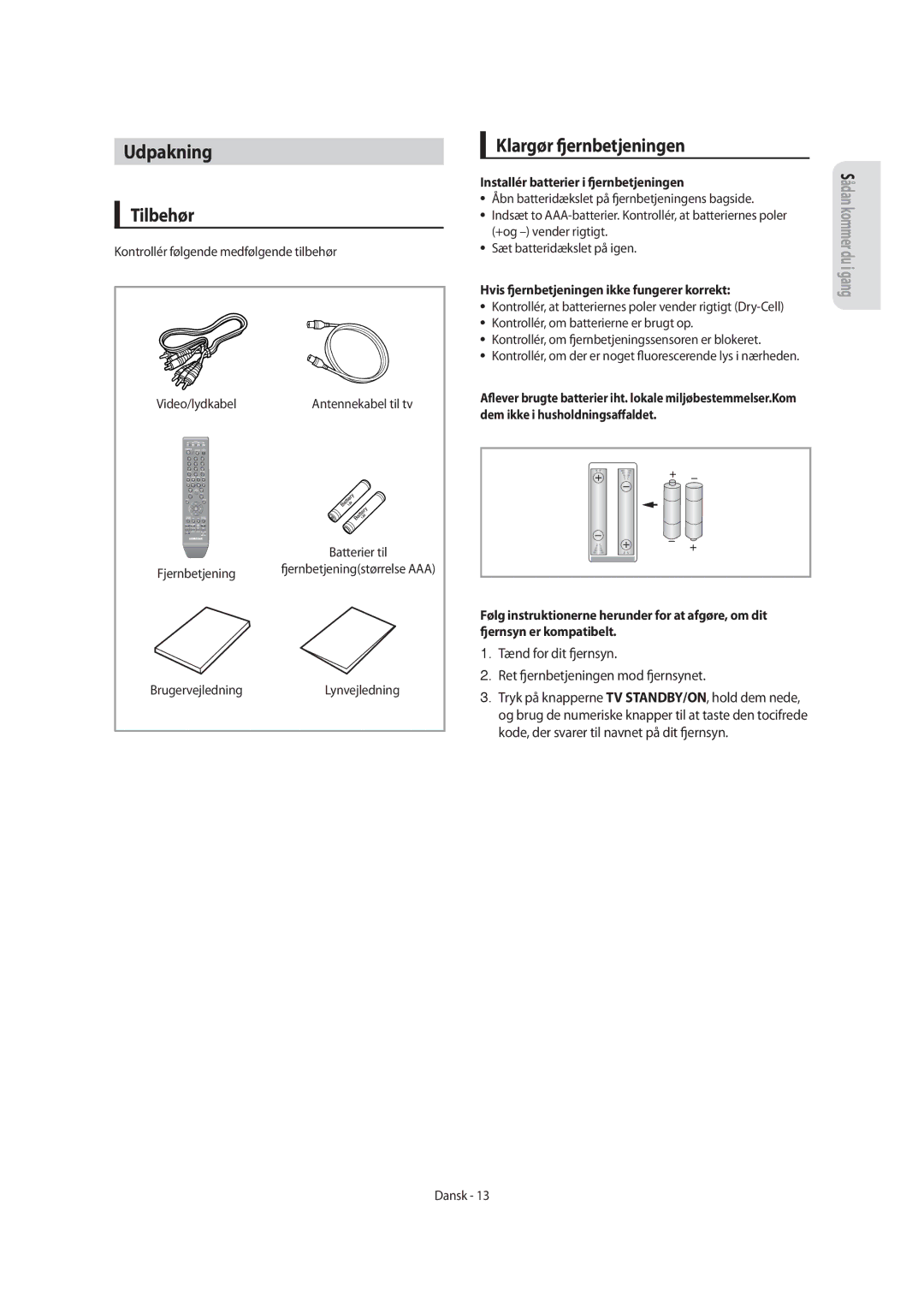 Samsung DVD-SH855/XEE manual Udpakning, Tilbehør, Klargør fjernbetjeningen 