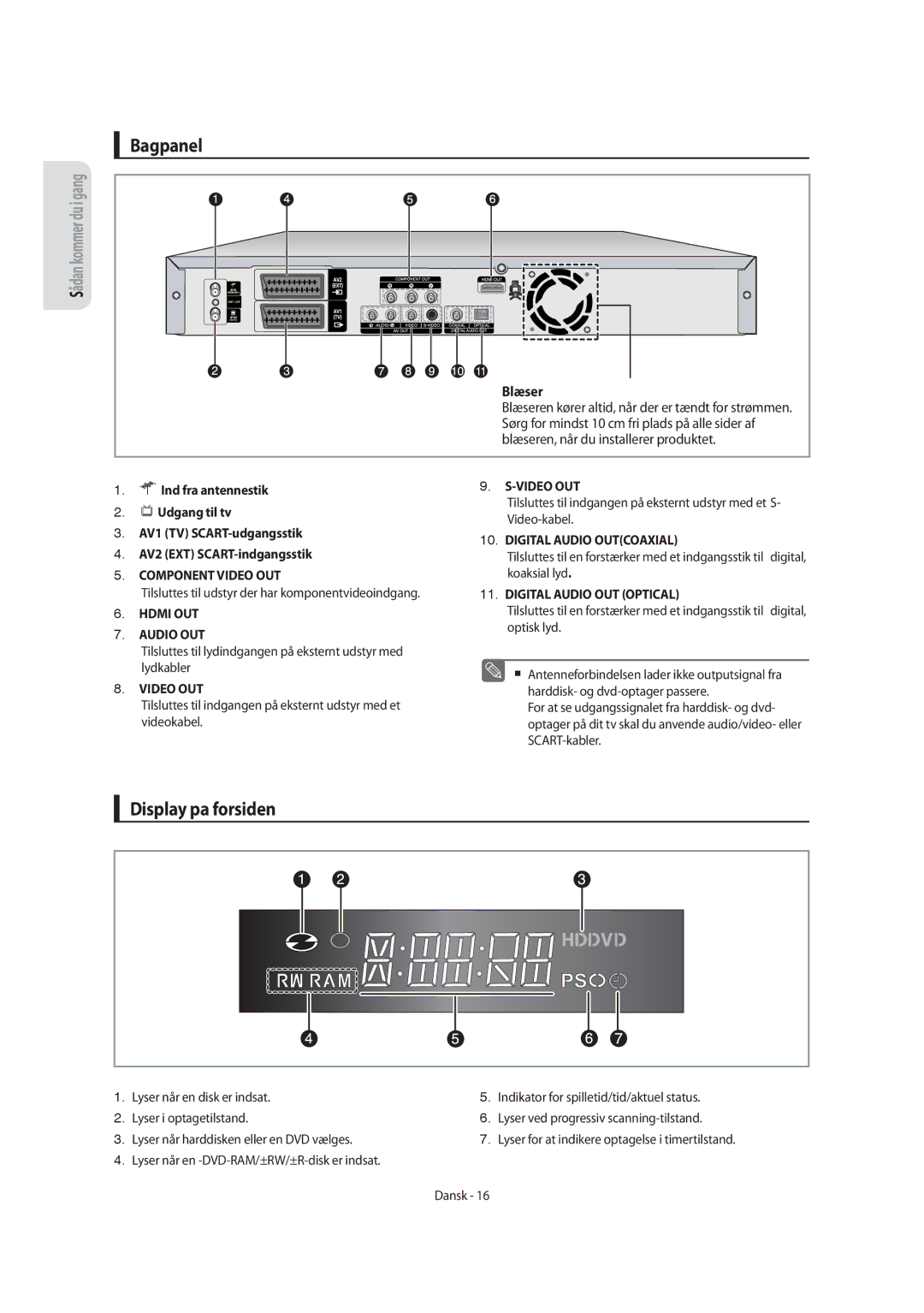 Samsung DVD-SH855/XEE manual Bagpanel, Display pa forsiden, Blæseren, når du installerer produktet 