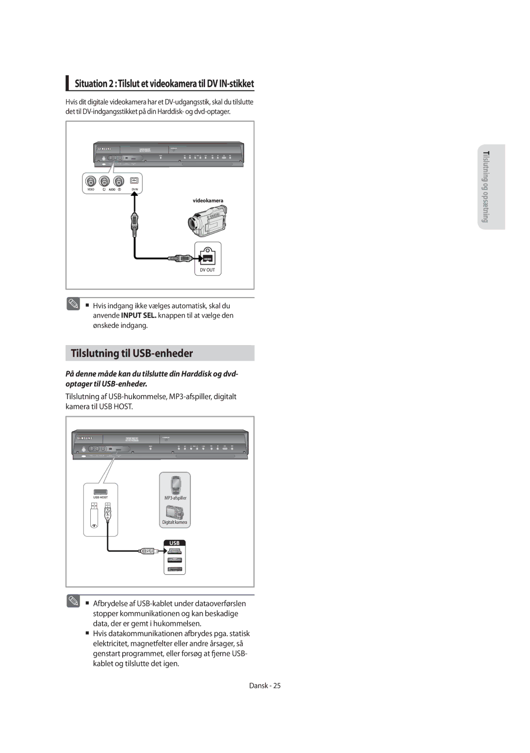 Samsung DVD-SH855/XEE manual Tilslutning til USB-enheder, Situation 2 Tilslut et videokamera til DV IN-stikket 