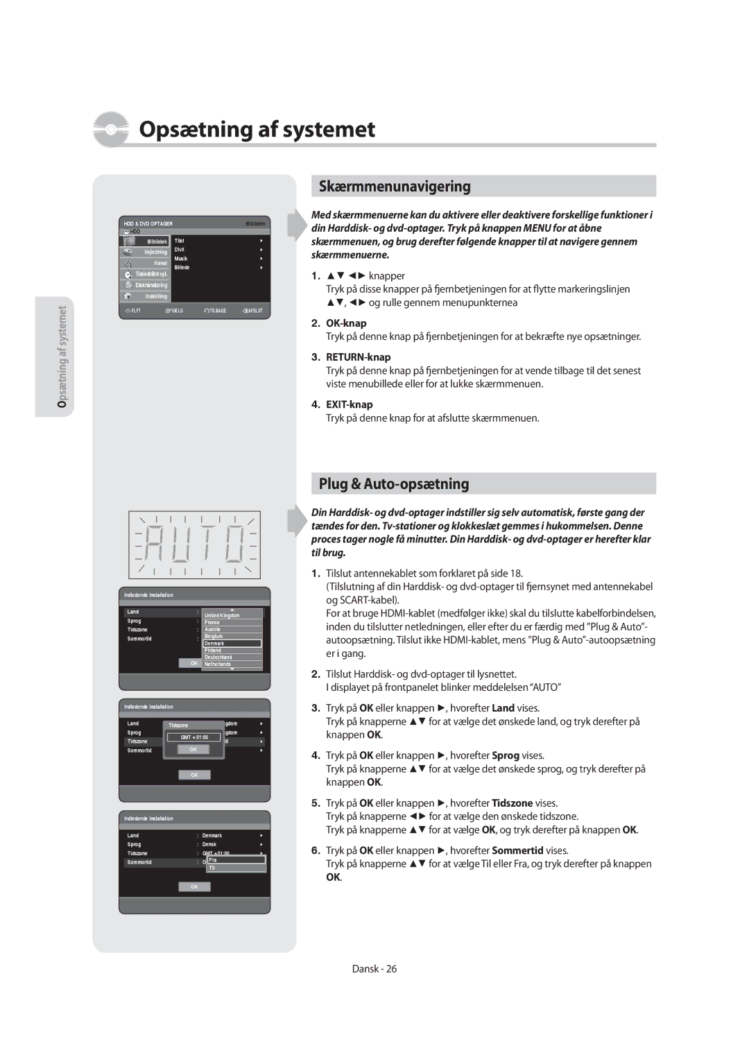 Samsung DVD-SH855/XEE Skærmmenunavigering, Plug & Auto-opsætning, OK-knap, Tryk på denne knap for at afslutte skærmmenuen 