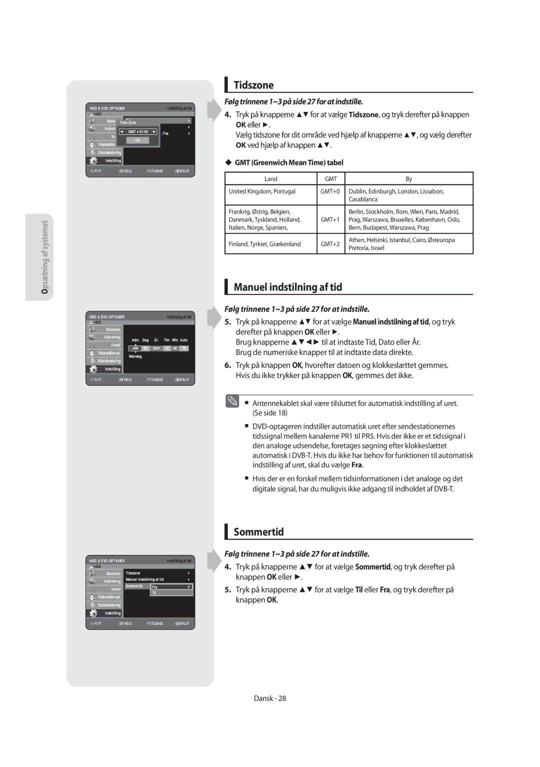 Samsung DVD-SH855/XEE manual Tidszone, Manuel indstilning af tid, Sommertid, ‹ GMT Greenwich Mean Time tabel 