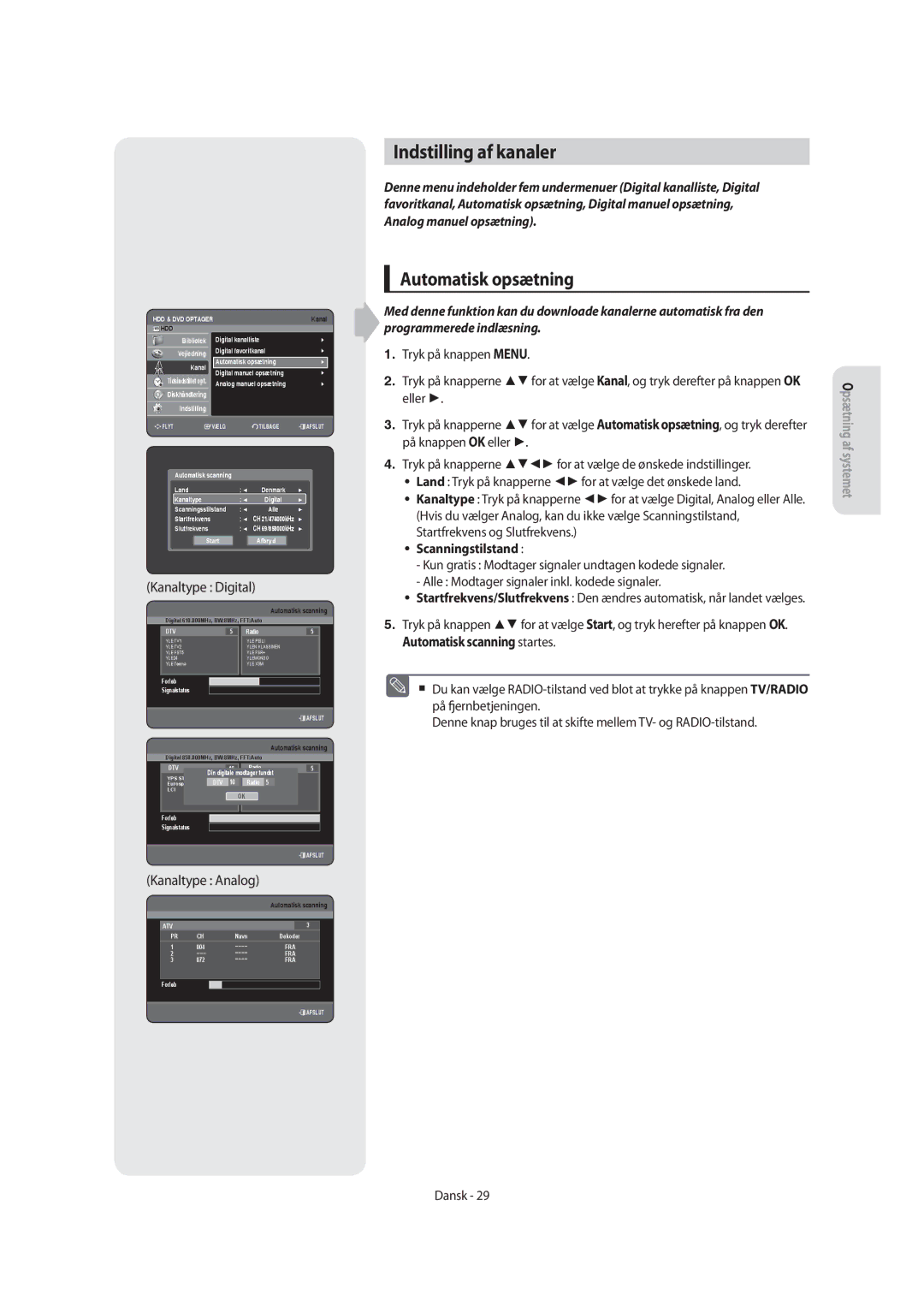 Samsung DVD-SH855/XEE Indstilling af kanaler, Automatisk opsætning, Kanaltype Digital, Kanaltype Analog, Scanningstilstand 