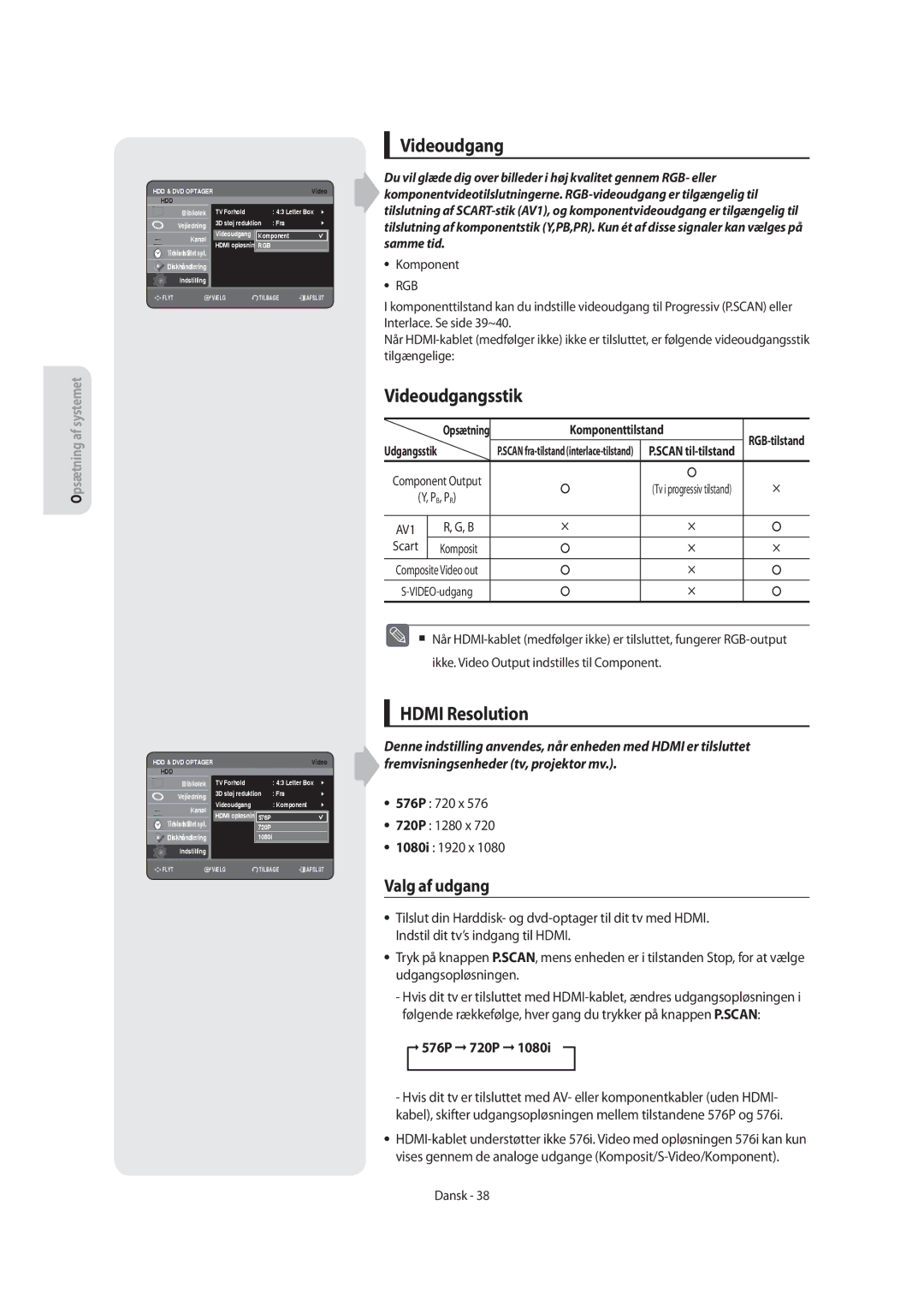 Samsung DVD-SH855/XEE manual Videoudgangsstik, Hdmi Resolution, Valg af udgang, 576P 720P 