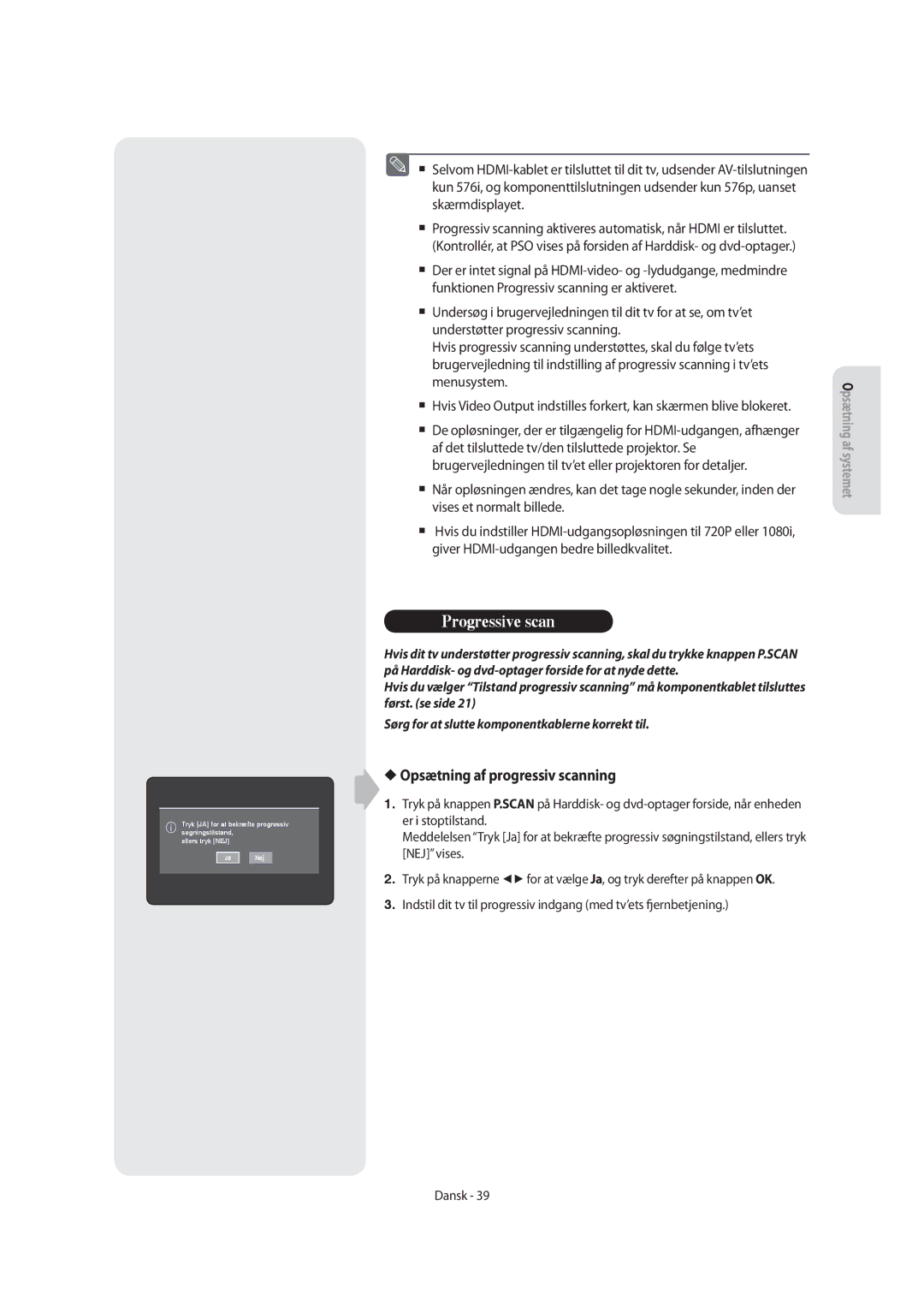 Samsung DVD-SH855/XEE manual Progressive scan, Opsætning af progressiv scanning 