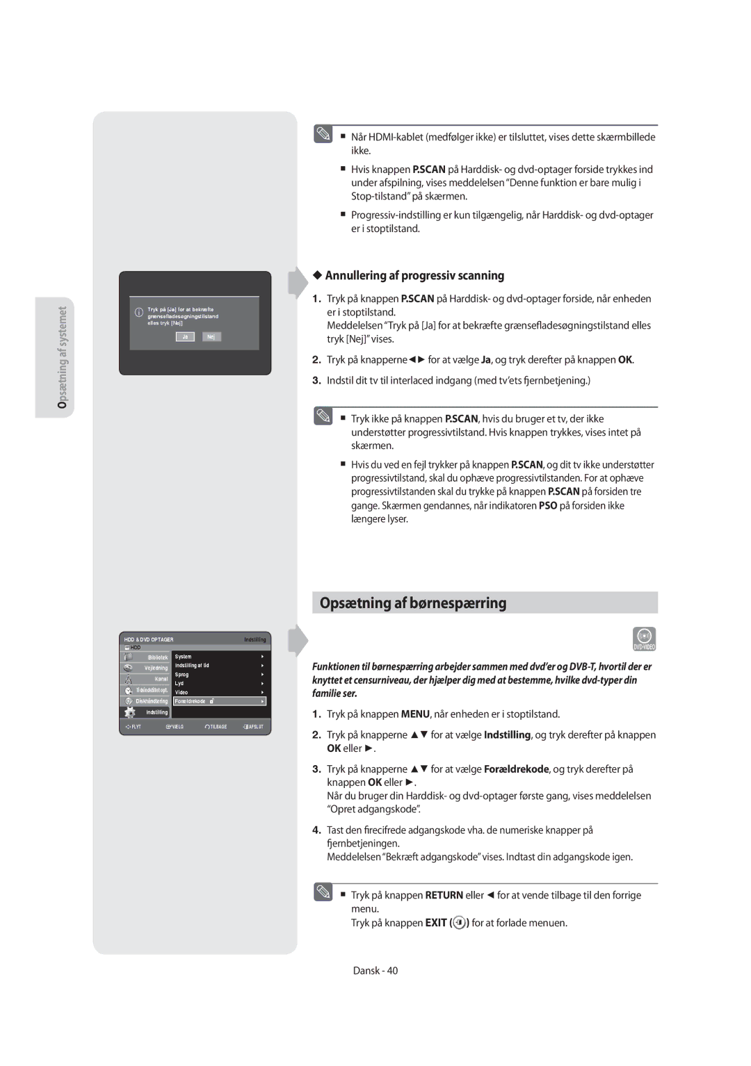 Samsung DVD-SH855/XEE manual Opsætning af børnespærring, Annullering af progressiv scanning 