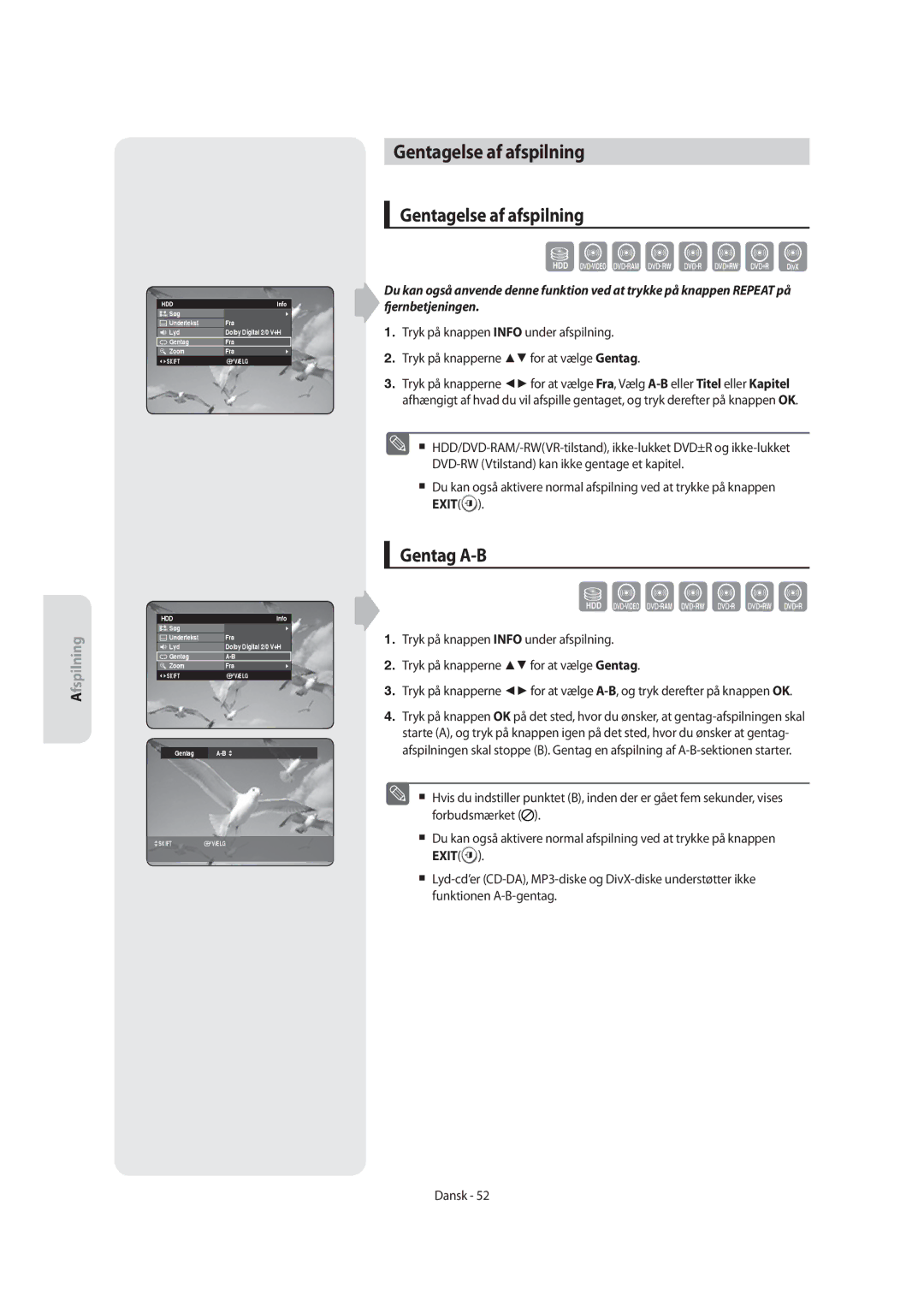 Samsung DVD-SH855/XEE manual Szxcvkl, Gentagelse af afspilning, Gentag A-B, Gentag Zoom Fra 