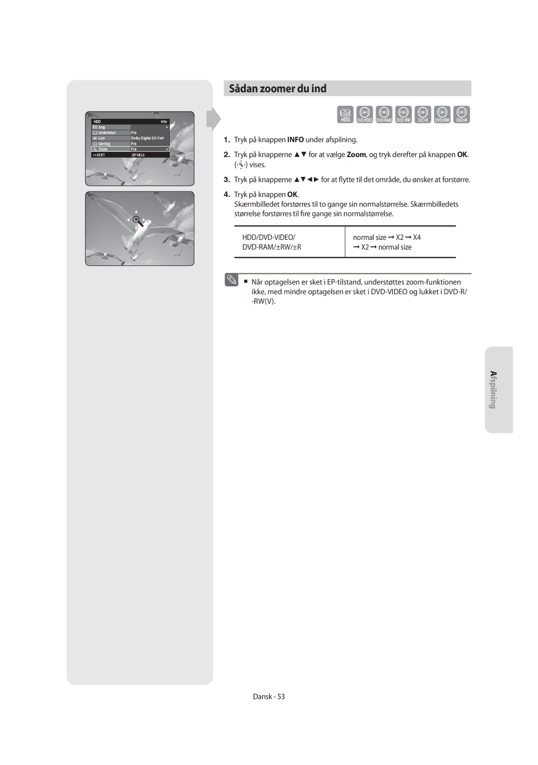 Samsung DVD-SH855/XEE manual Sådan zoomer du ind, Hdd/Dvd-Video, Normal size X2, Dvd-Ram/±Rw/±R, X2 normal size 