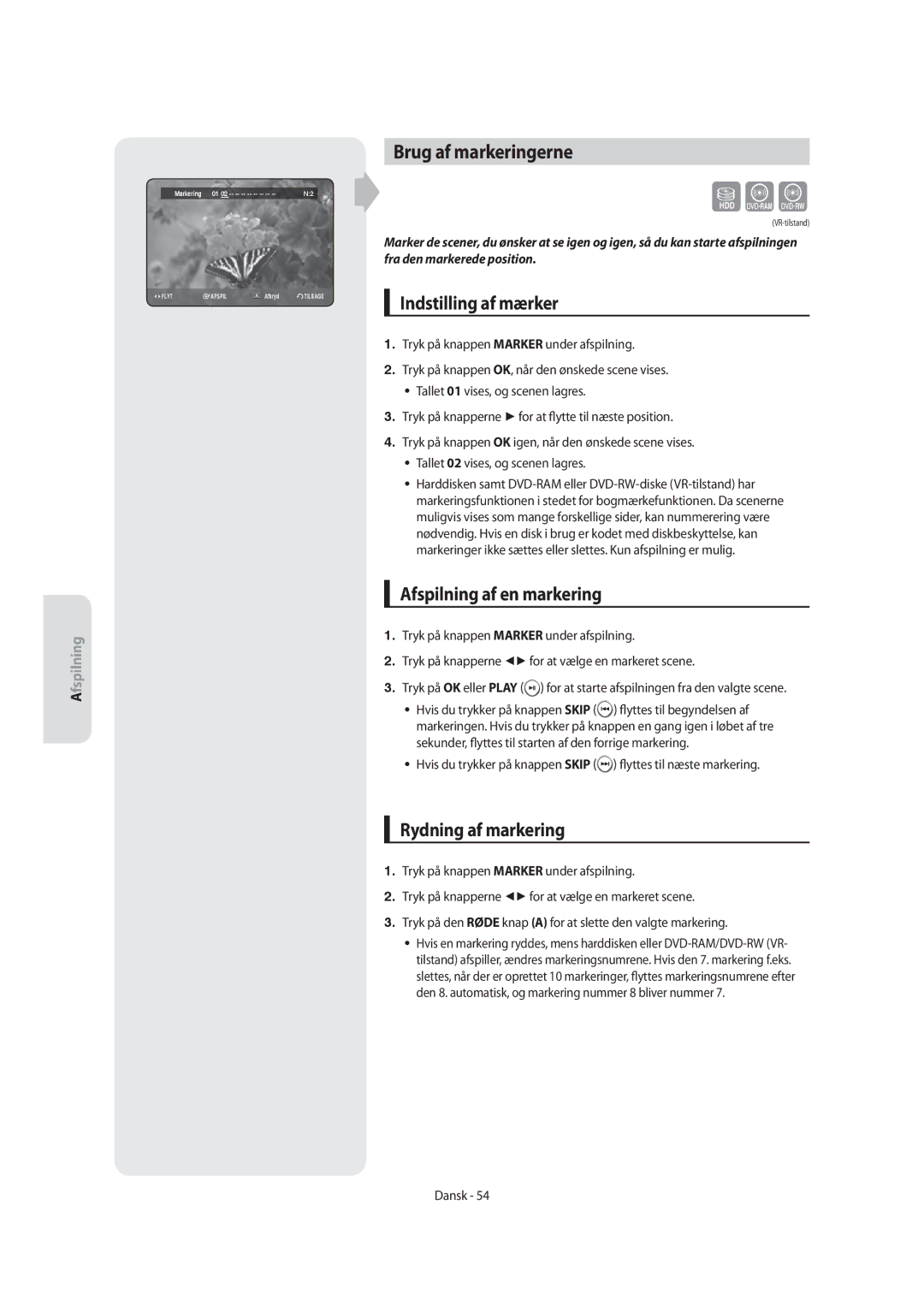 Samsung DVD-SH855/XEE Sxc, Brug af markeringerne, Indstilling af mærker, Afspilning af en markering, Rydning af markering 