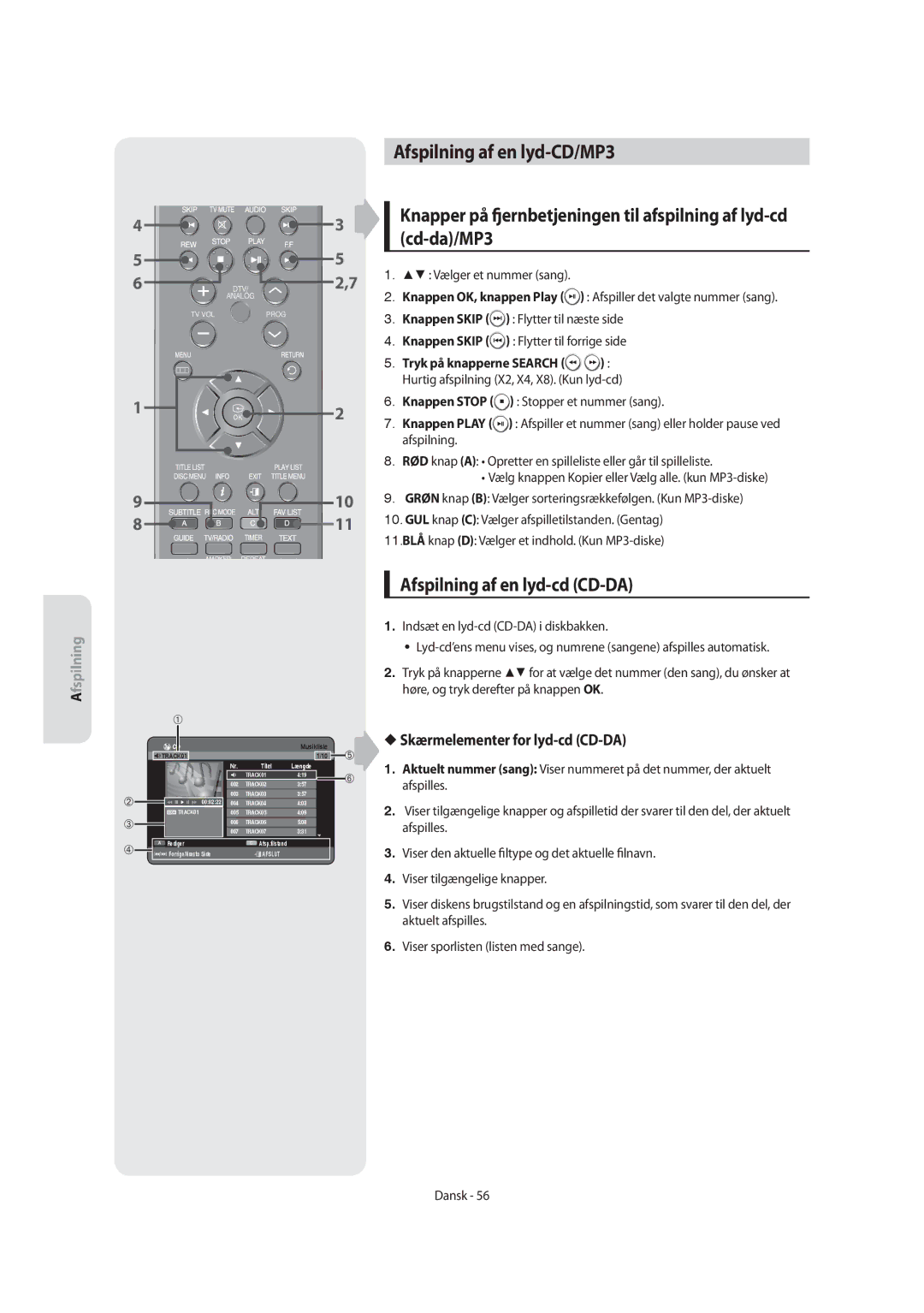 Samsung DVD-SH855/XEE manual Afspilning af en lyd-CD/MP3, Afspilning af en lyd-cd CD-DA, Skærmelementer for lyd-cd CD-DA 