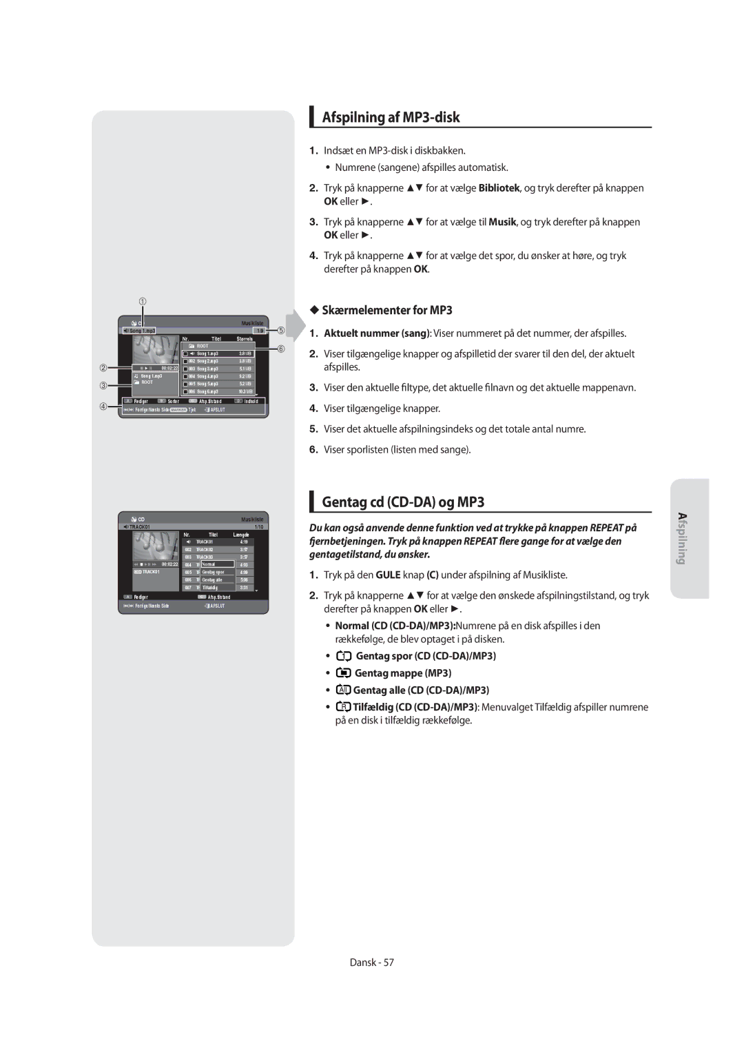 Samsung DVD-SH855/XEE manual Afspilning af MP3-disk, Gentag cd CD-DA og MP3, Skærmelementer for MP3 