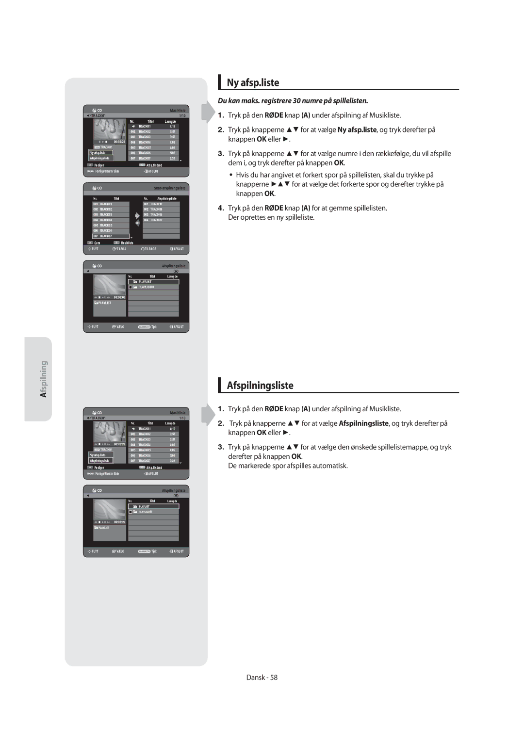 Samsung DVD-SH855/XEE Ny afsp.liste, Afspilningsliste, Du kan maks. registrere 30 numre på spillelisten, Titel Længde 