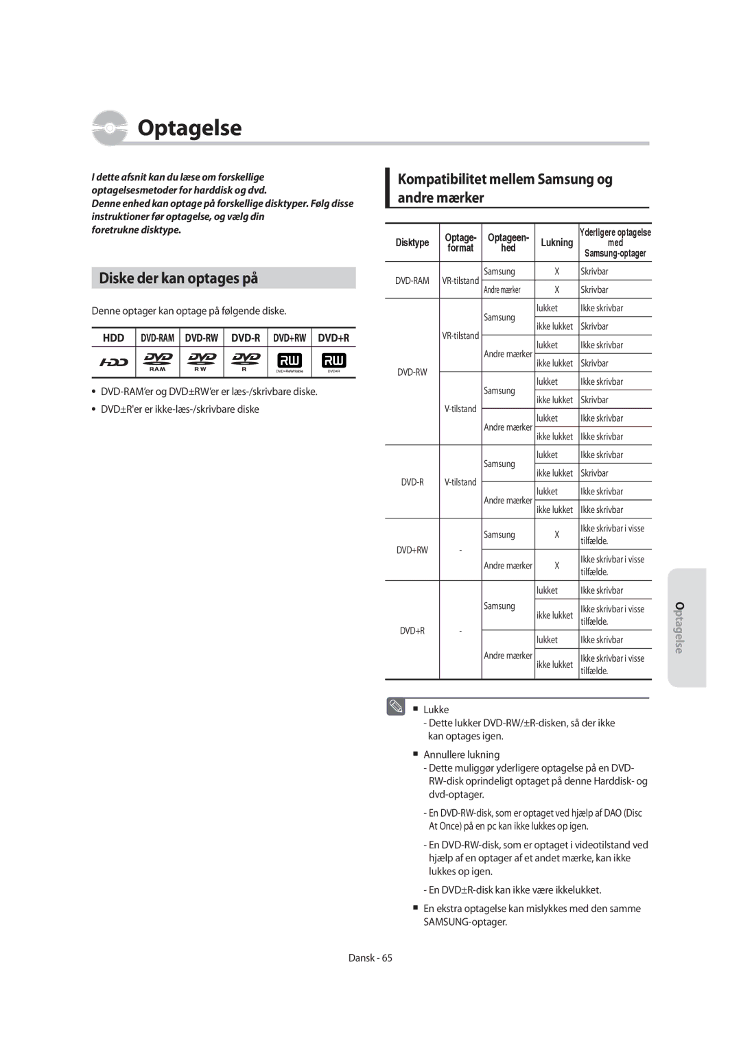 Samsung DVD-SH855/XEE manual Diske der kan optages på, Kompatibilitet mellem Samsung og andre mærker, Foretrukne disktype 