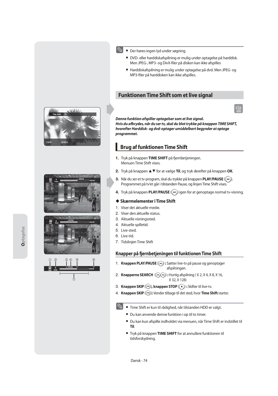 Samsung DVD-SH855/XEE Funktionen Time Shift som et live signal, Brug af funktionen Time Shift, Skærmelementer i Time Shift 