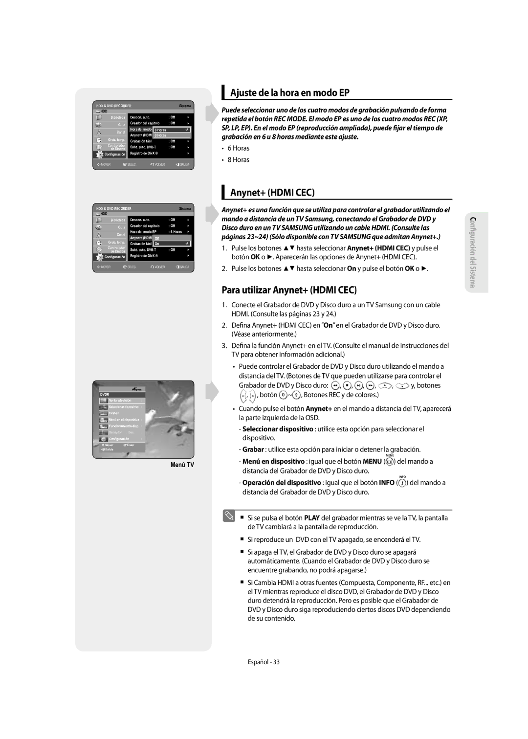 Samsung DVD-SH857/XEC manual Ajuste de la hora en modo EP, Para utilizar Anynet+ Hdmi CEC, Horas, Menú TV 