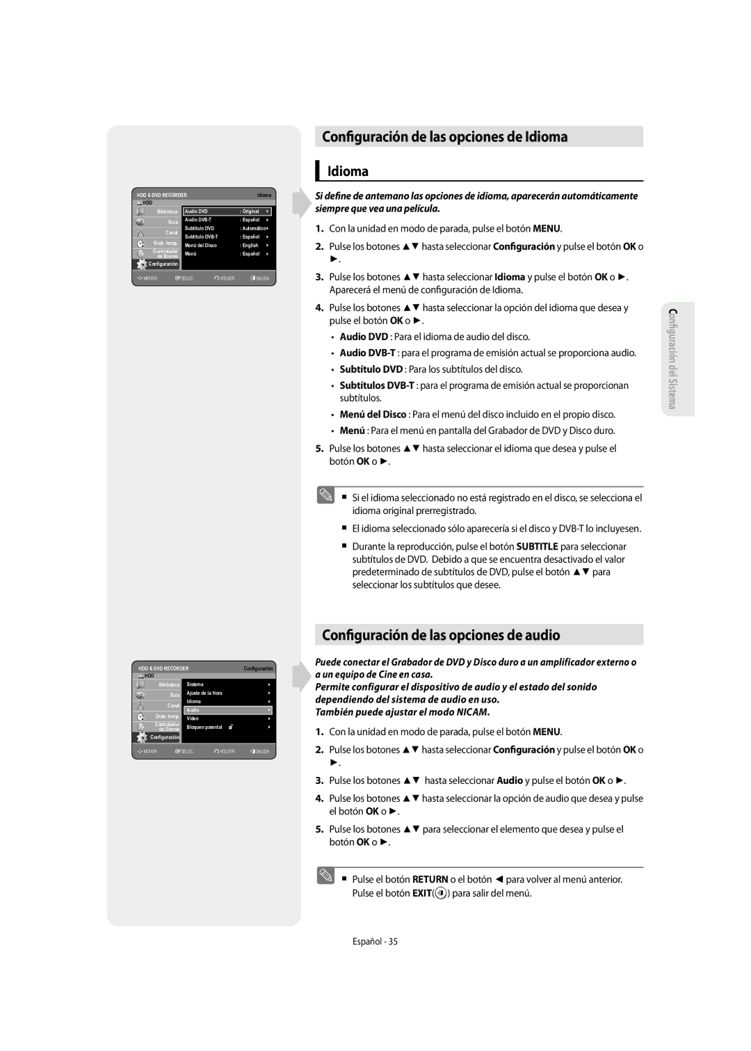 Samsung DVD-SH857/XEC manual Con guración de las opciones de Idioma, Con guración de las opciones de audio 