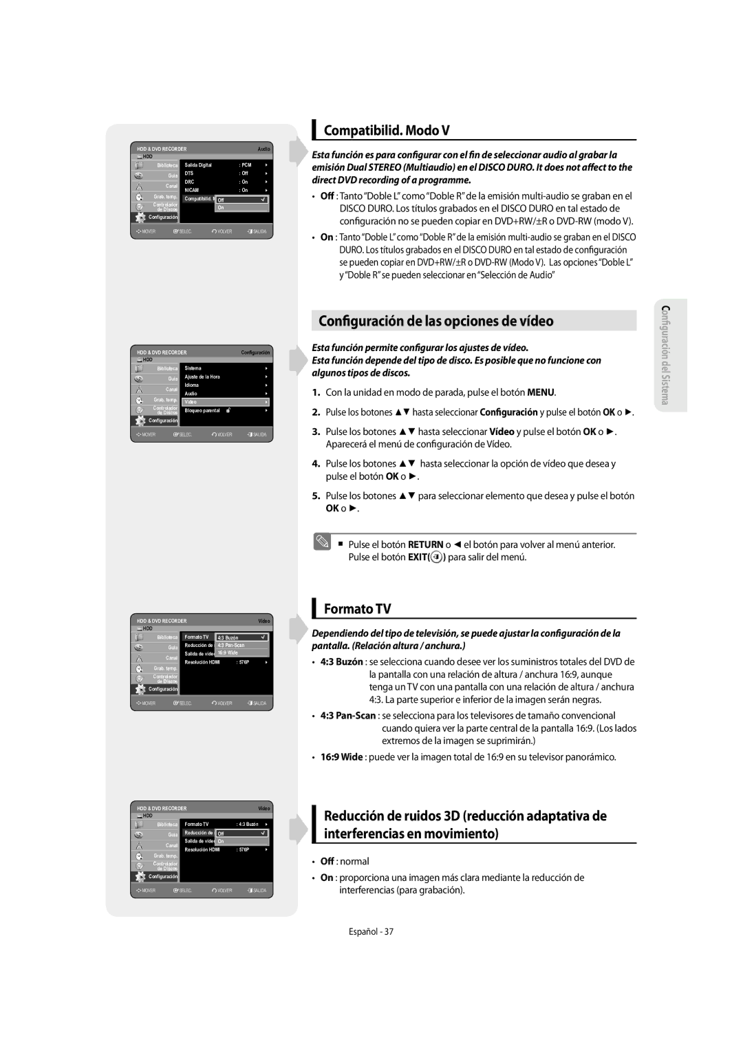 Samsung DVD-SH857/XEC manual Con guración de las opciones de vídeo, Compatibilid. Modo, Formato TV 