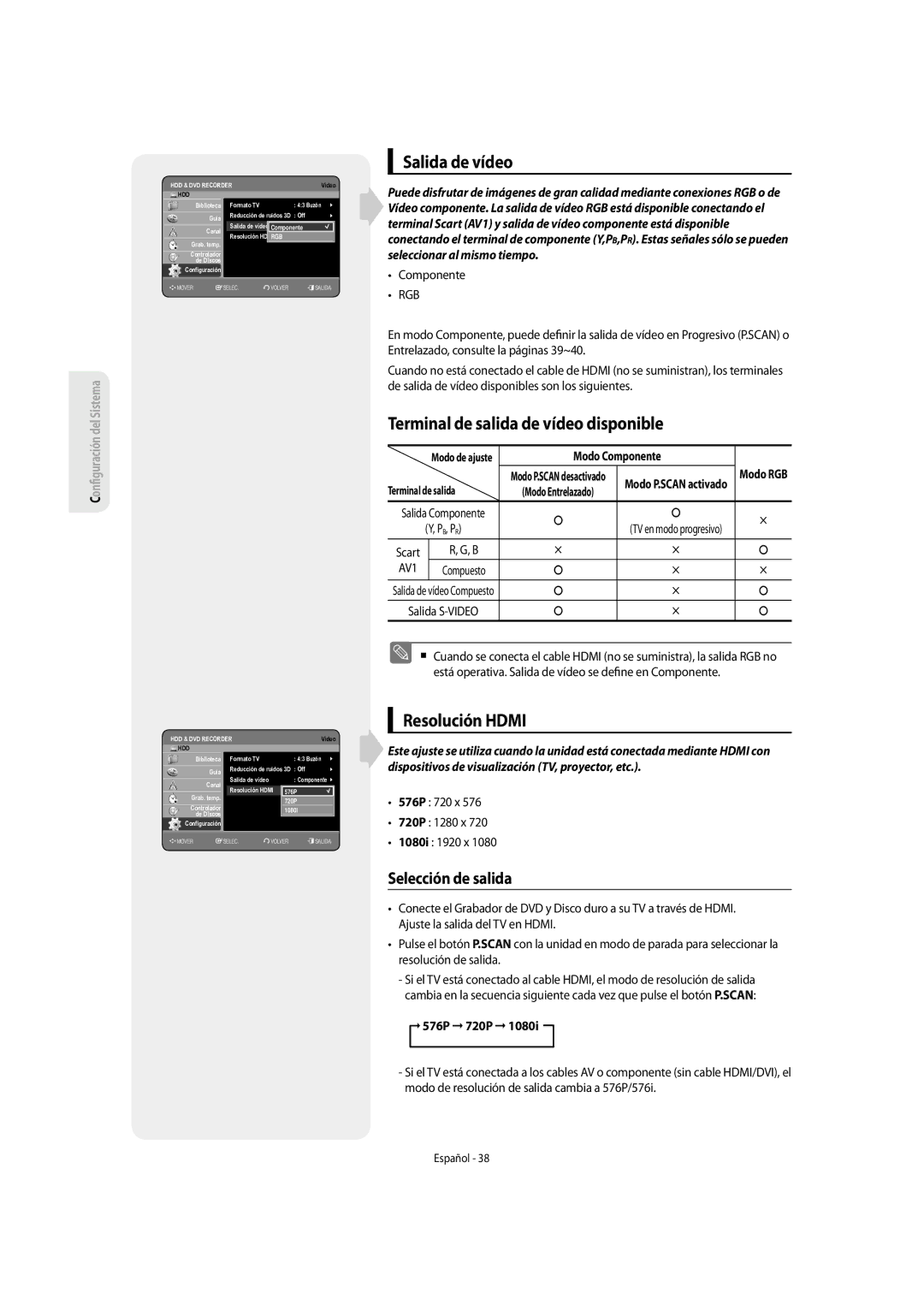 Samsung DVD-SH857/XEC manual Salida de vídeo, Terminal de salida de vídeo disponible, Resolución Hdmi, Selección de salida 