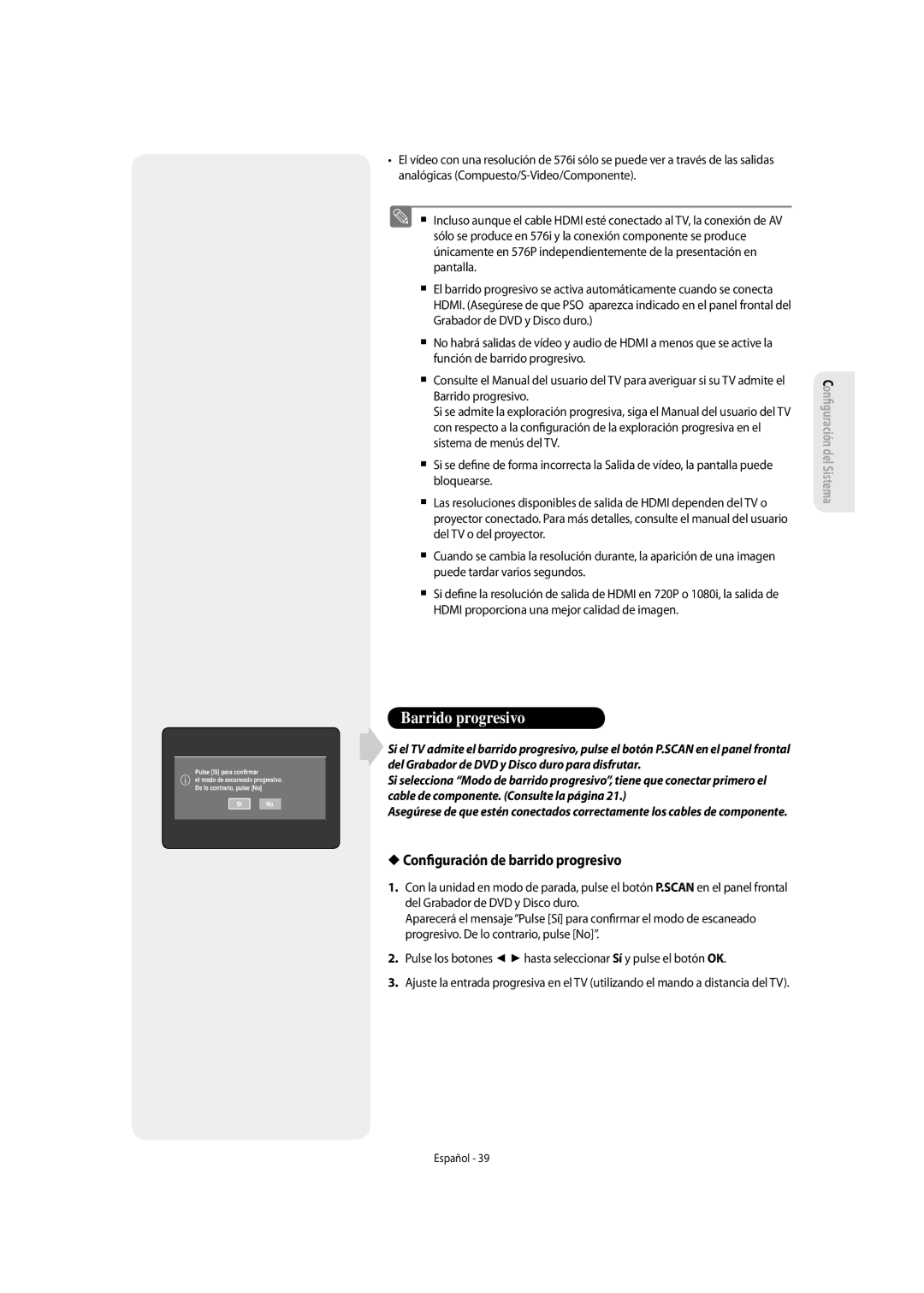 Samsung DVD-SH857/XEC manual Con guración de barrido progresivo, Barrido progresivo, Sistema de menús del TV, Bloquearse 