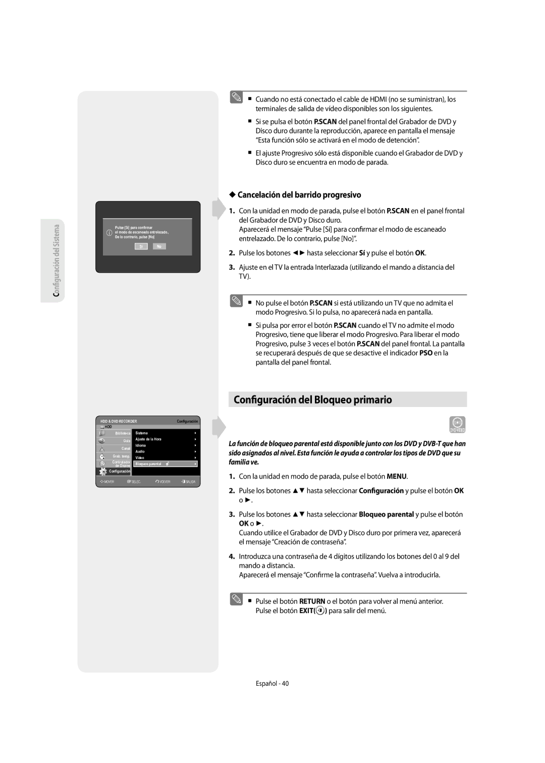 Samsung DVD-SH857/XEC manual Con guración del Bloqueo primario, Cancelación del barrido progresivo 