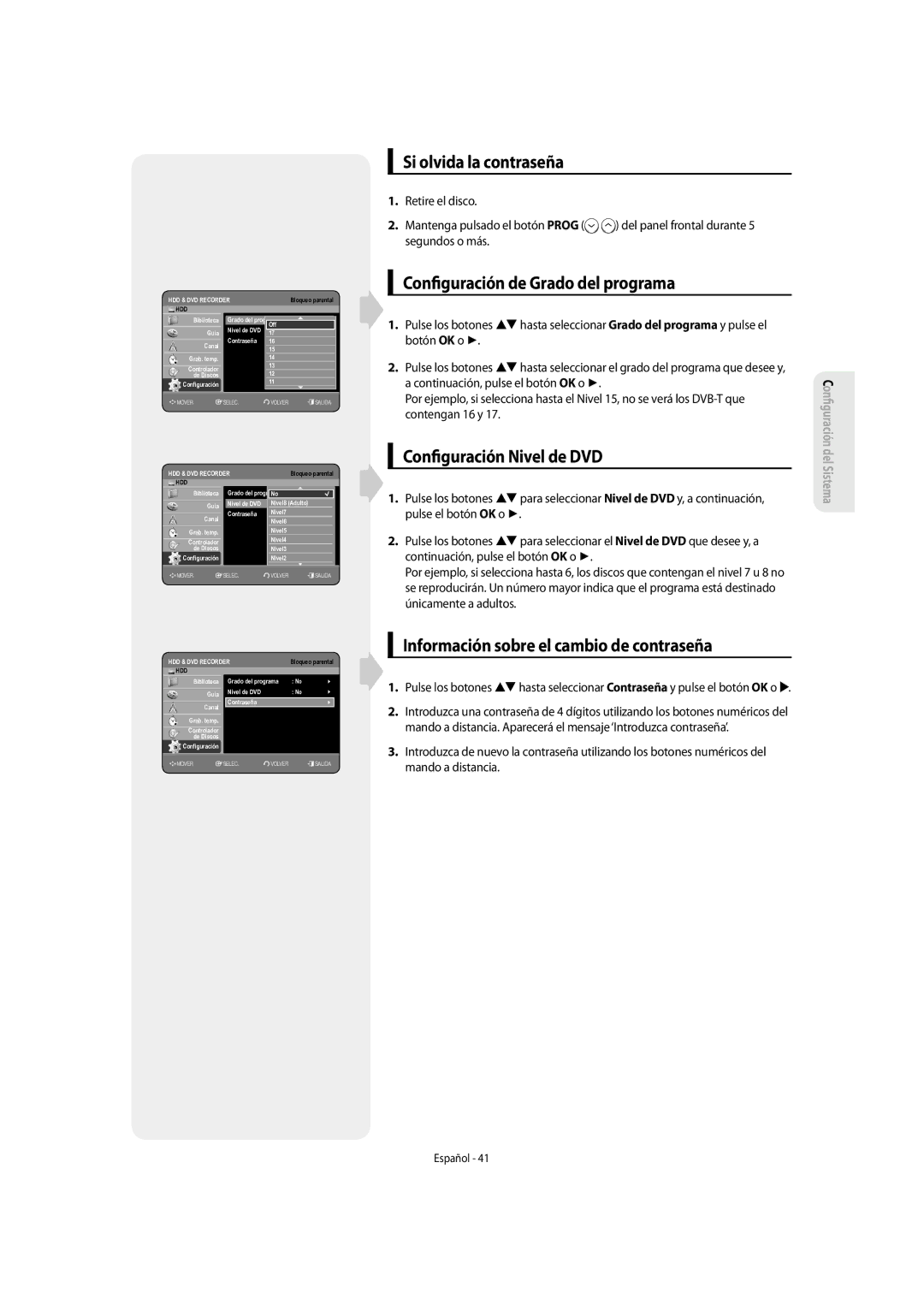 Samsung DVD-SH857/XEC manual Si olvida la contraseña, Con guración de Grado del programa, Con guración Nivel de DVD 