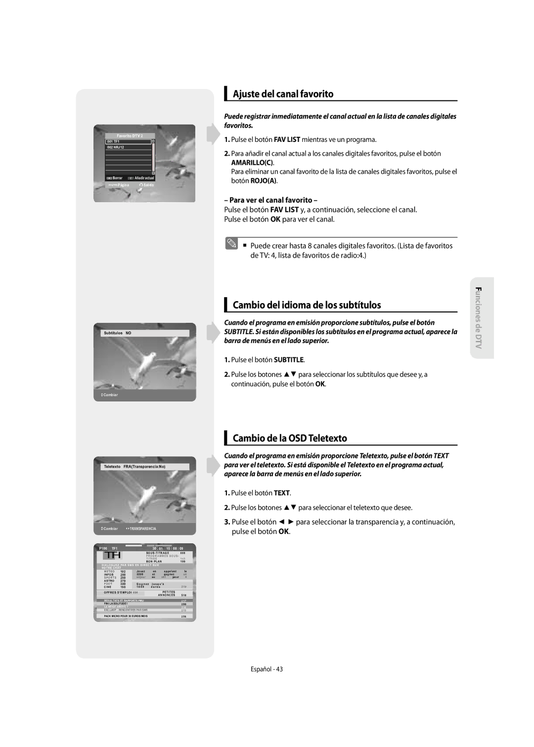 Samsung DVD-SH857/XEC manual Ajuste del canal favorito, Cambio del idioma de los subtítulos, Cambio de la OSD Teletexto 