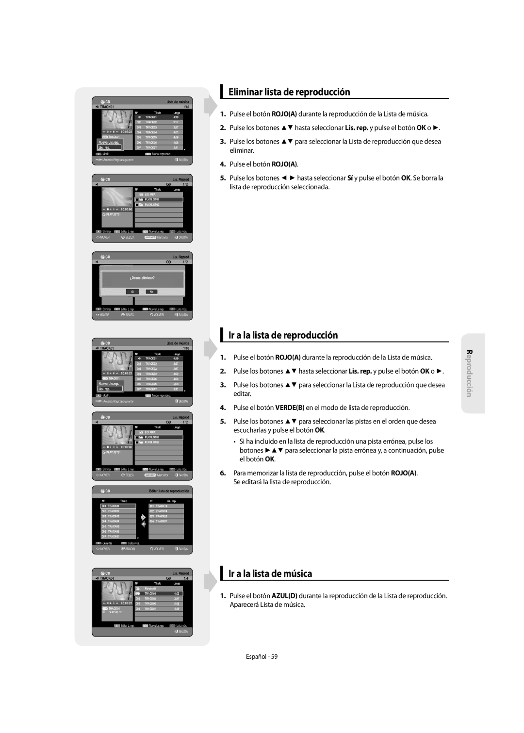 Samsung DVD-SH857/XEC manual Eliminar lista de reproducción, Ir a la lista de reproducción, Ir a la lista de música, Editar 