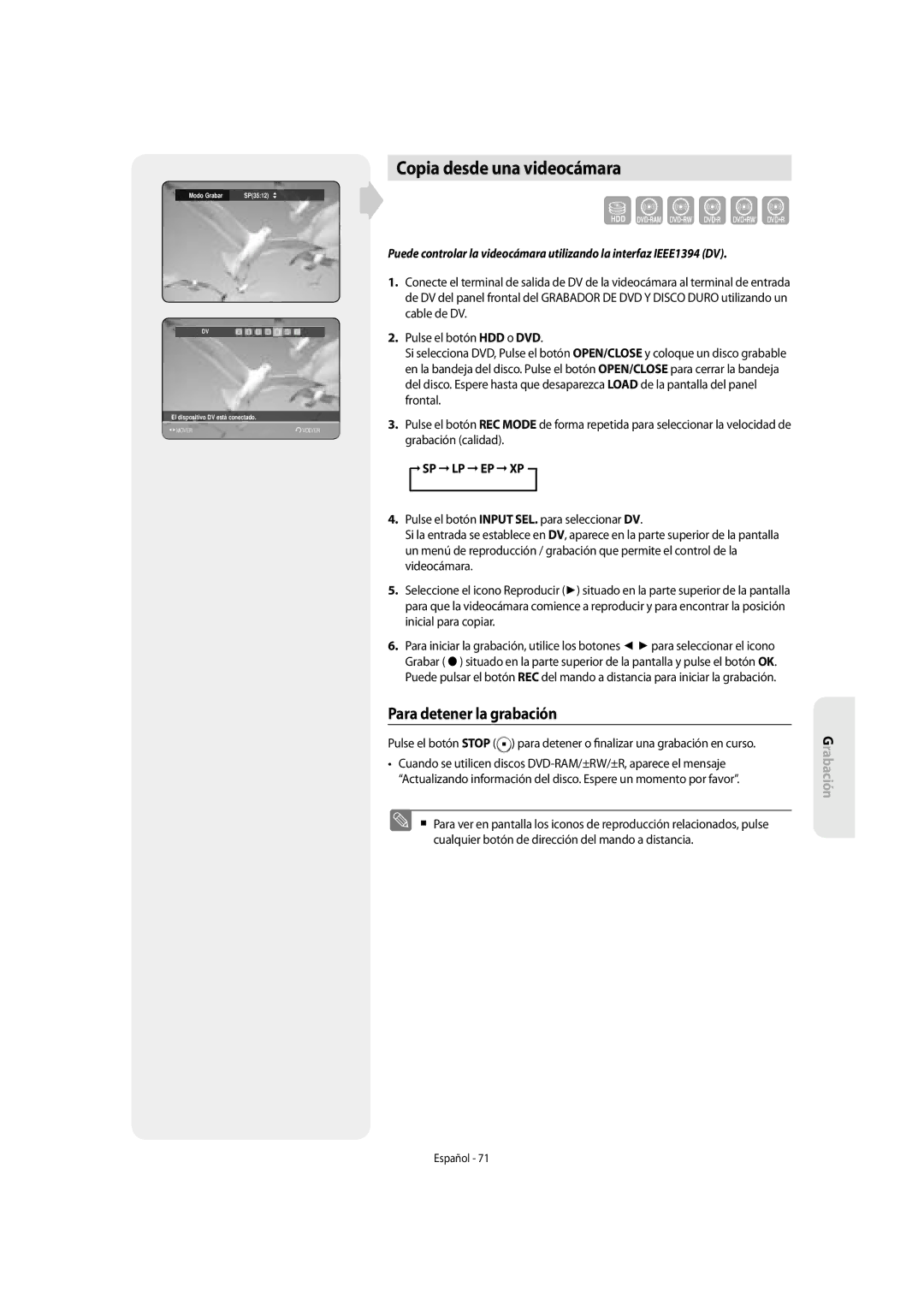 Samsung DVD-SH857/XEC manual Copia desde una videocámara 