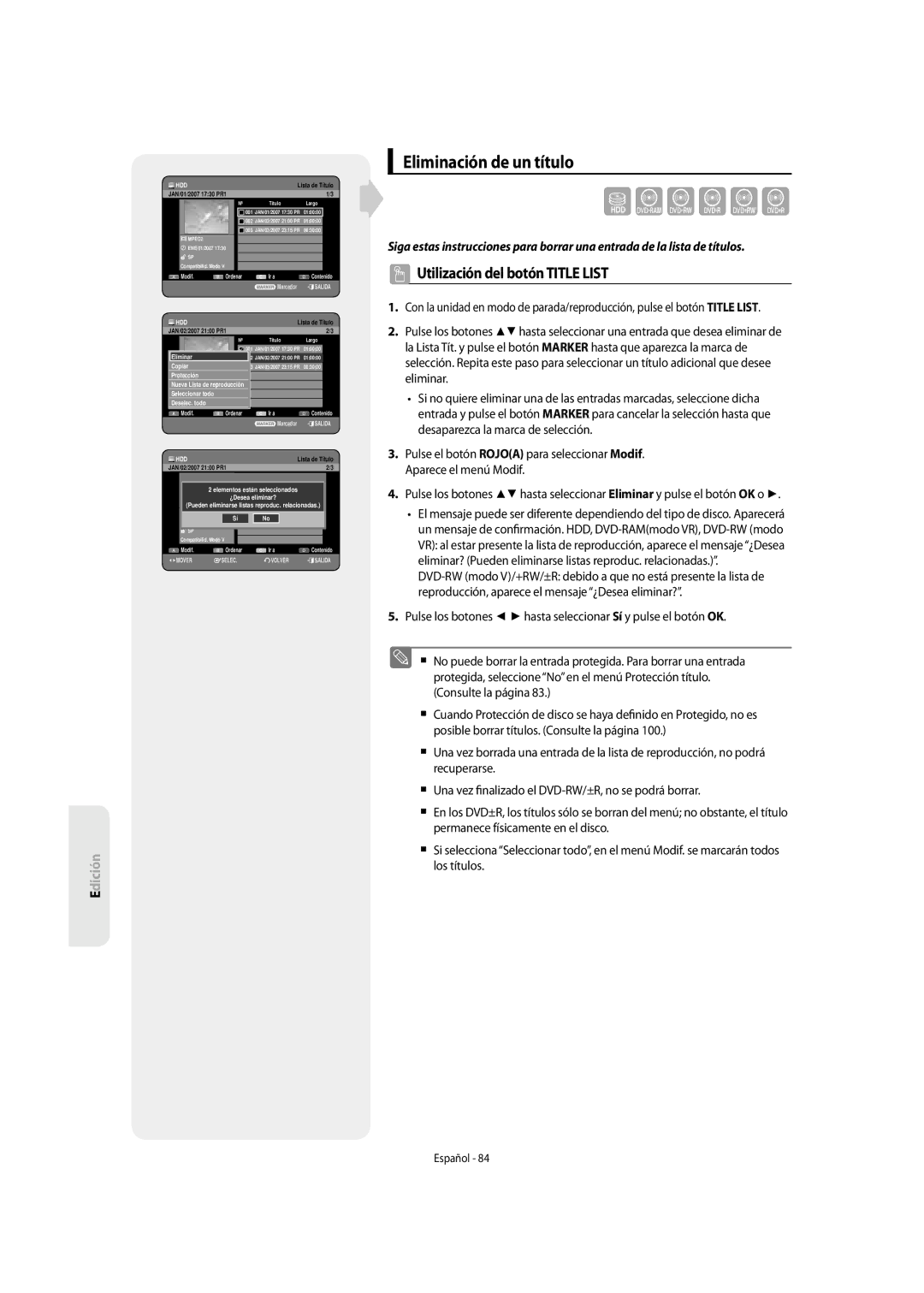 Samsung DVD-SH857/XEC manual Eliminación de un título, ¿Desea eliminar? 