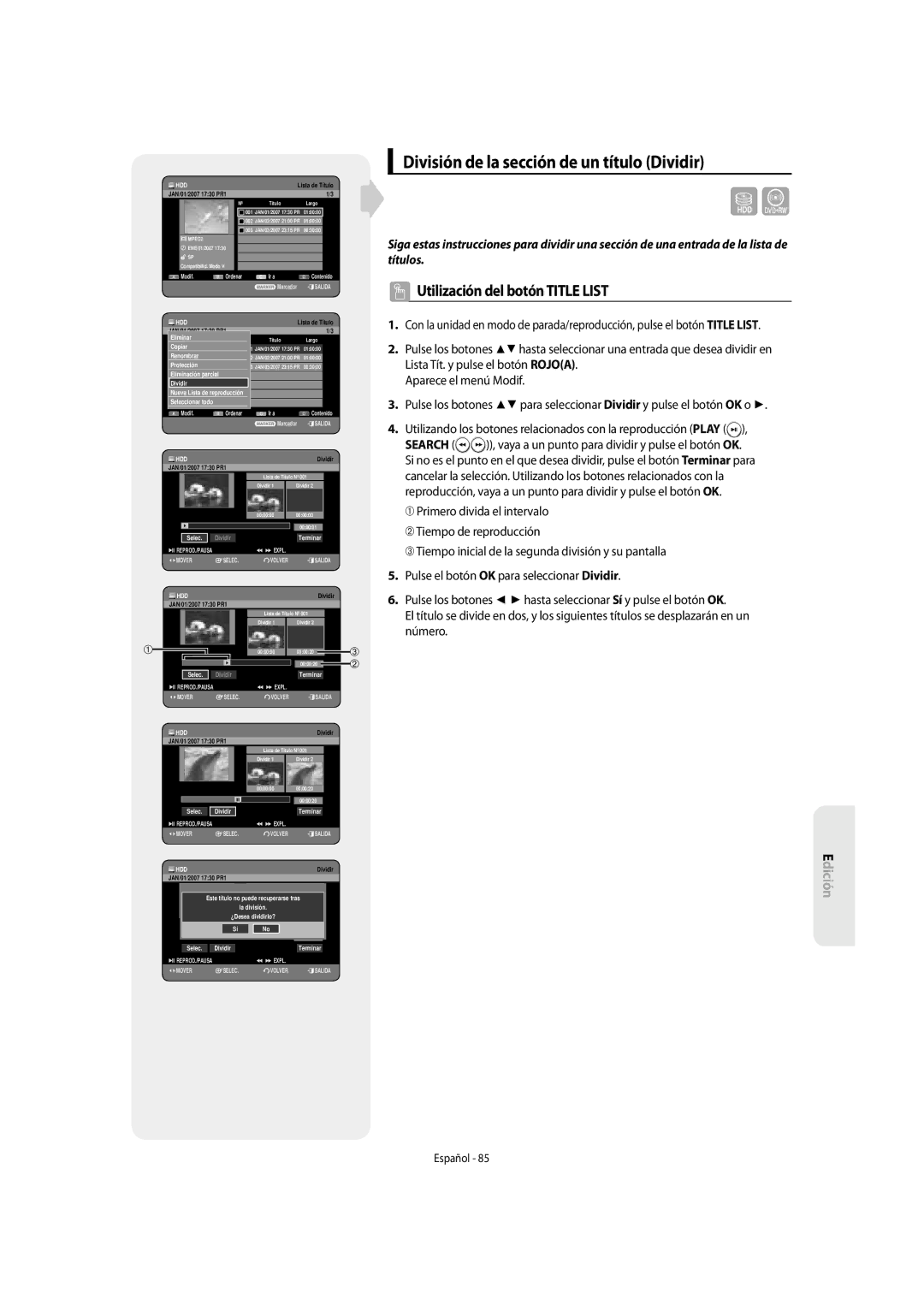 Samsung DVD-SH857/XEC manual División de la sección de un título Dividir 