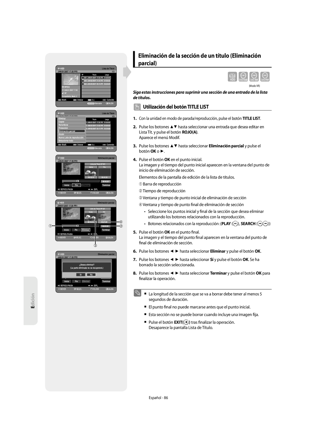 Samsung DVD-SH857/XEC manual Sxck, Eliminación de la sección de un título Eliminación parcial 