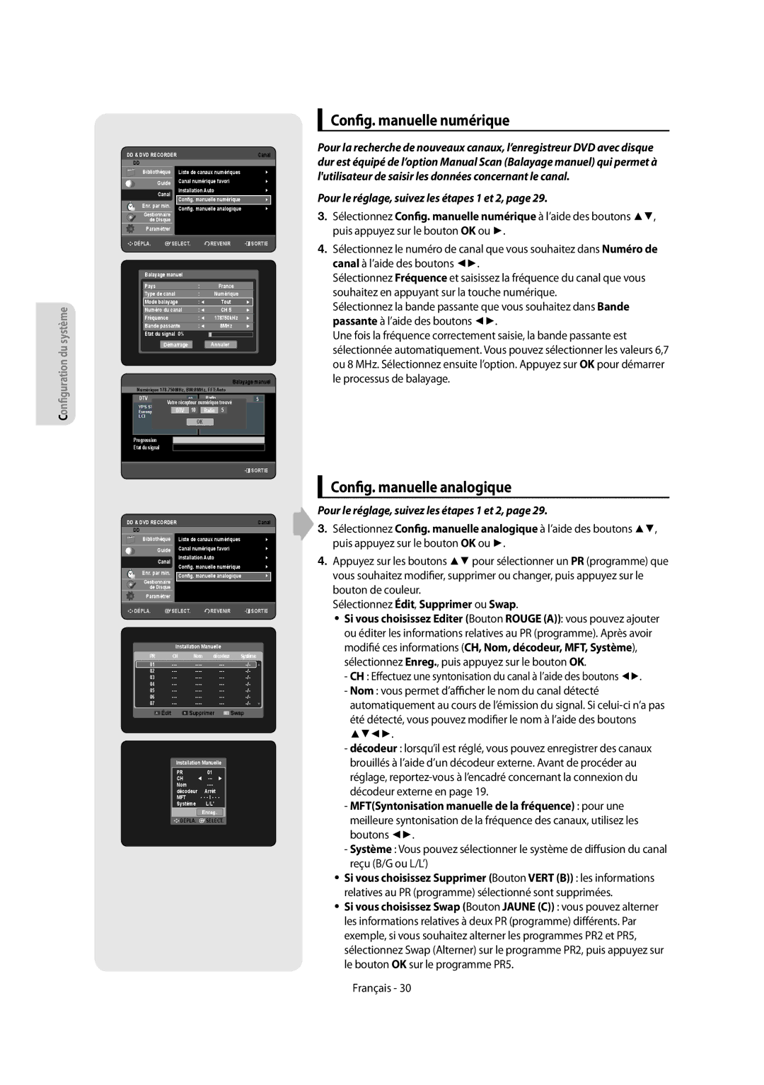 Samsung DVD-SH857/XEF Config. manuelle numérique, Config. manuelle analogique, Pour le réglage, suivez les étapes 1 et 2 