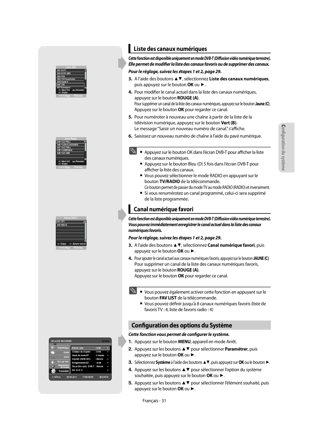 Samsung DVD-SH855/XEF manual Configuration des options du Système, Liste des canaux numériques, Canal numérique favori 