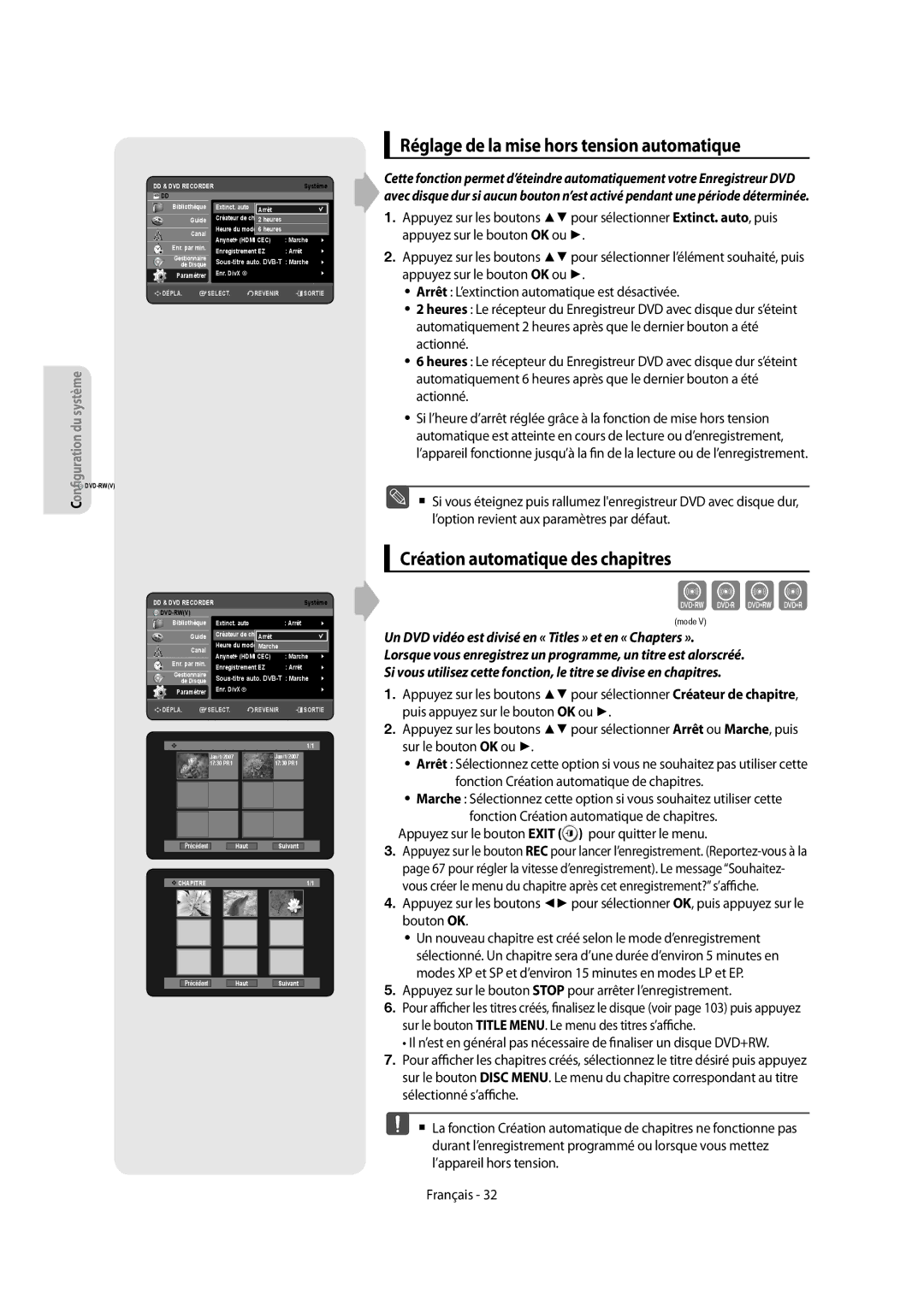 Samsung DVD-SH857/XEF, DVD-SH855/XEF Cvkl, Réglage de la mise hors tension automatique, Création automatique des chapitres 