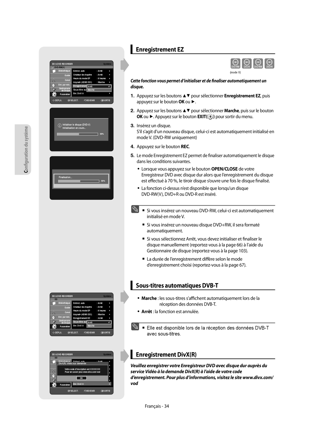 Samsung DVD-SH857/XEF, DVD-SH855/XEF manual Enregistrement EZ, Sous-titres automatiques DVB-T, Enregistrement DivXR 